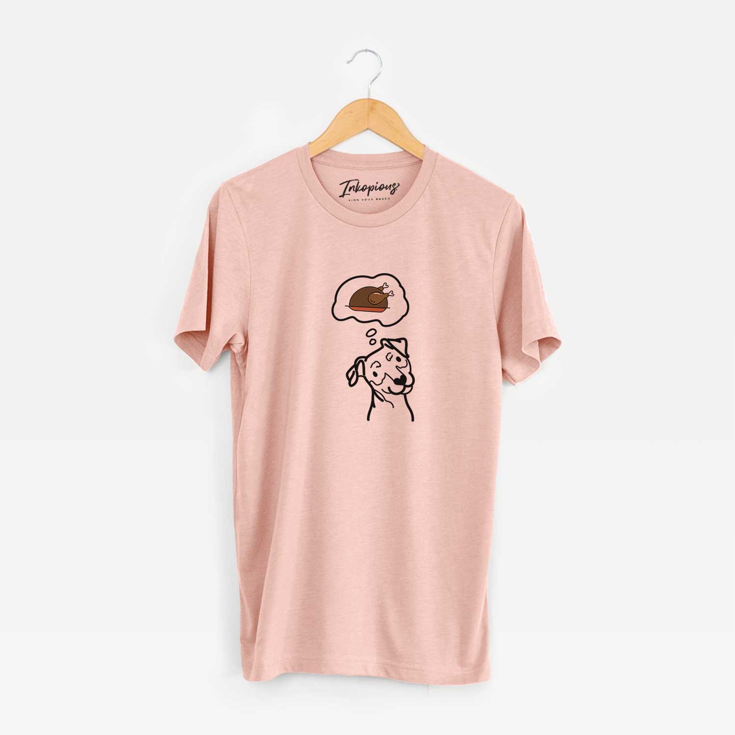 Minimalist line drawing of a Mini Pinscher with a little turkey on a Peach Unisex crewneck