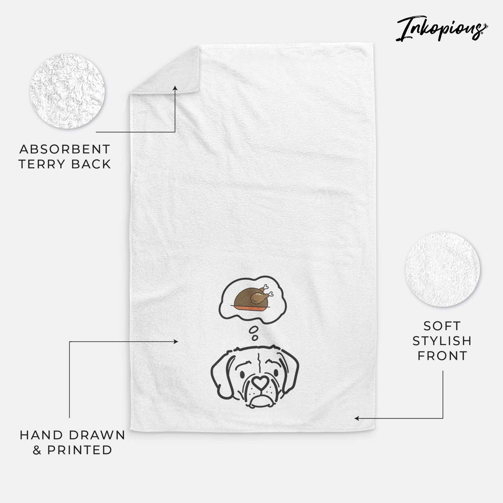 Minimalist line drawing of Mitzi the Puggle with a little turkey on a decorative hand towel