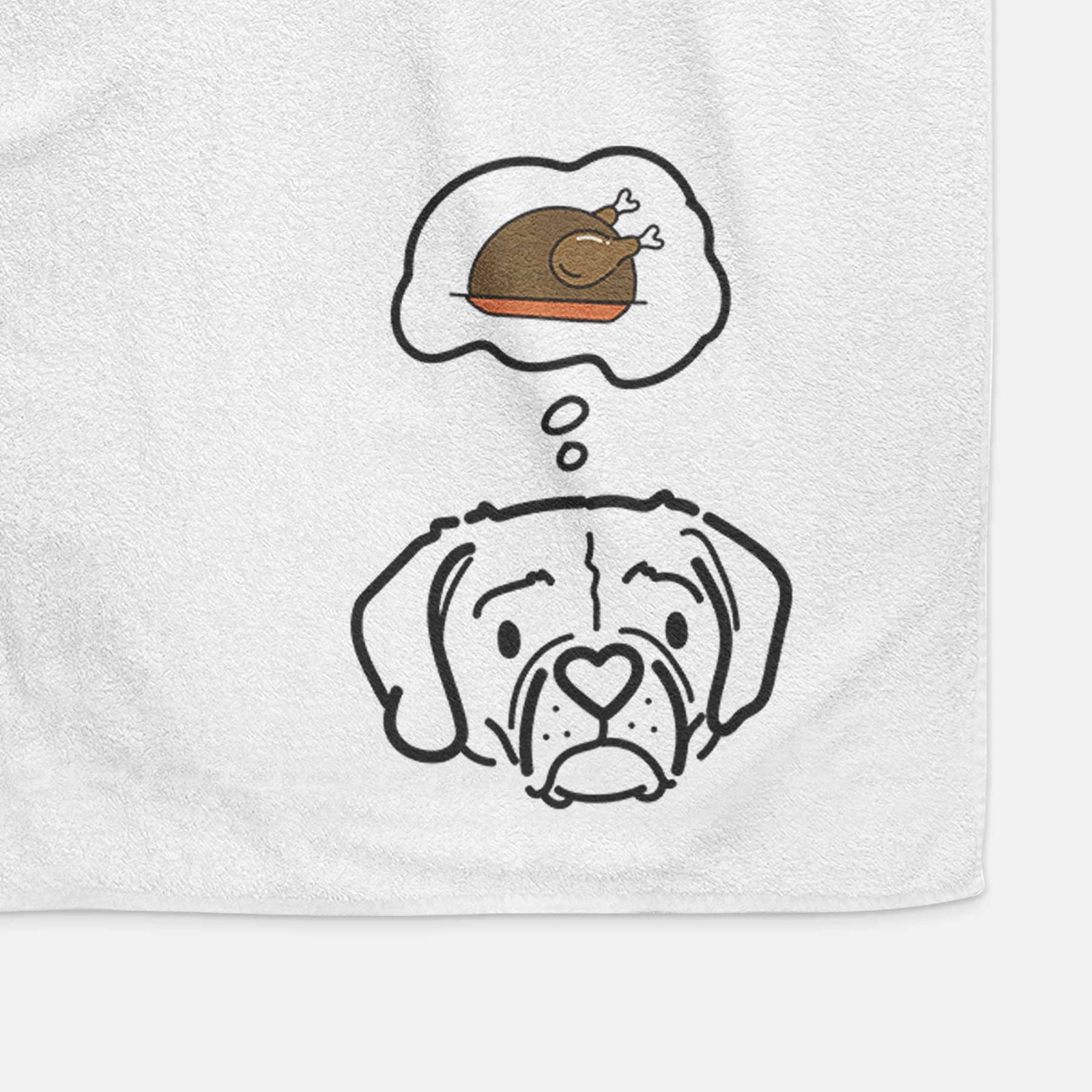 Minimalist line drawing of Mitzi the Puggle with a little turkey on a decorative hand towel