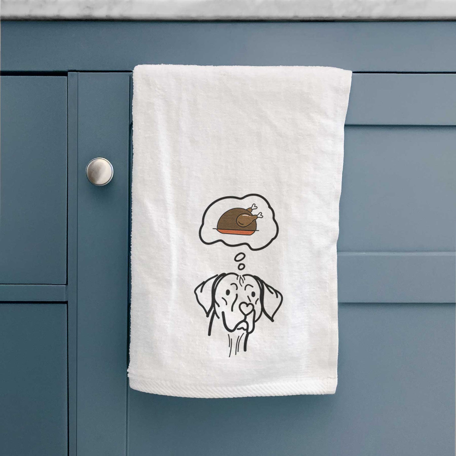 Minimalist line drawing of Moose the Vizsla with a little turkey on a decorative hand towel