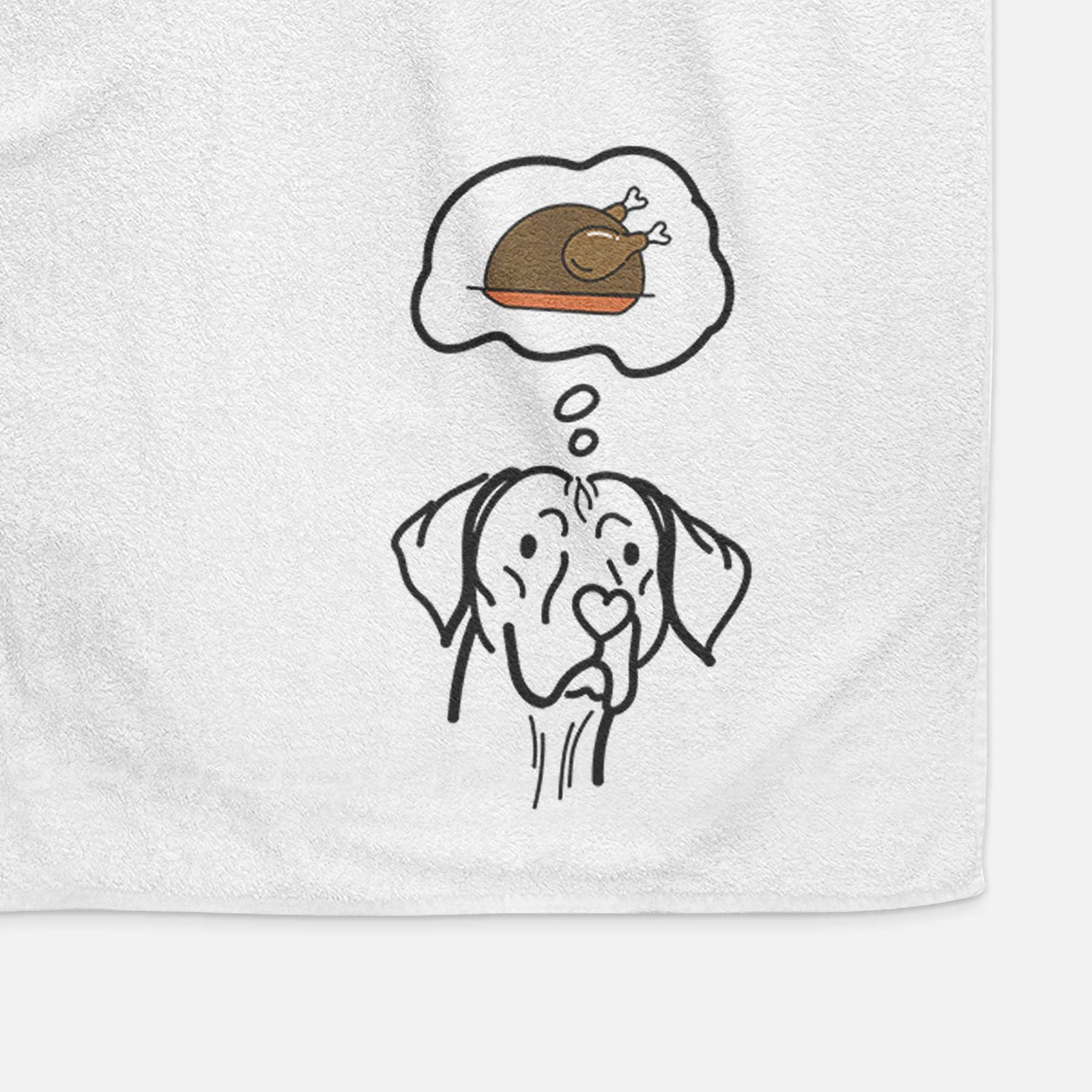 Minimalist line drawing of Moose the Vizsla with a little turkey on a decorative hand towel