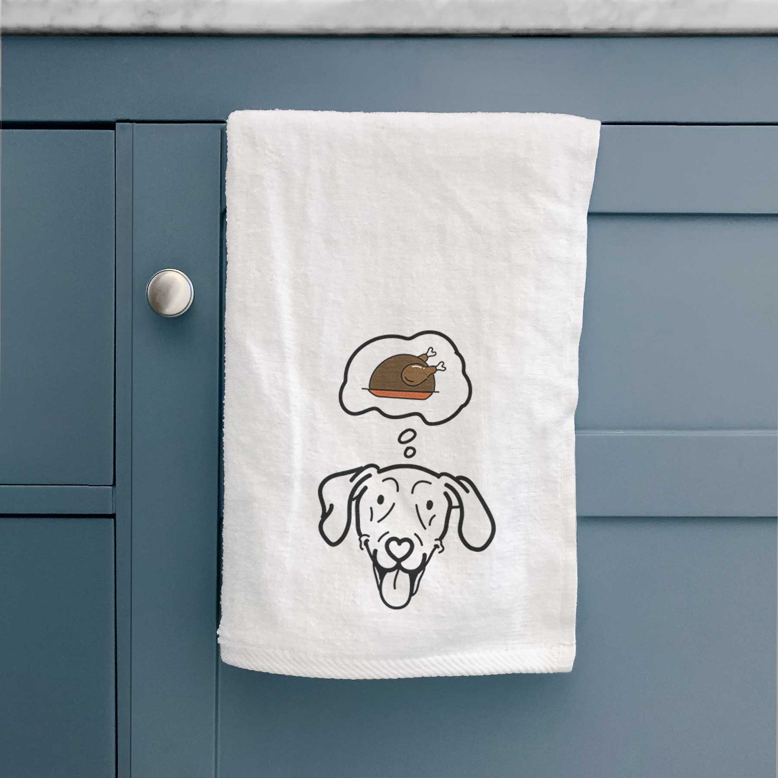 Minimalist line drawing of Paco Lobo the Weimaraner with a little turkey on a decorative hand towel
