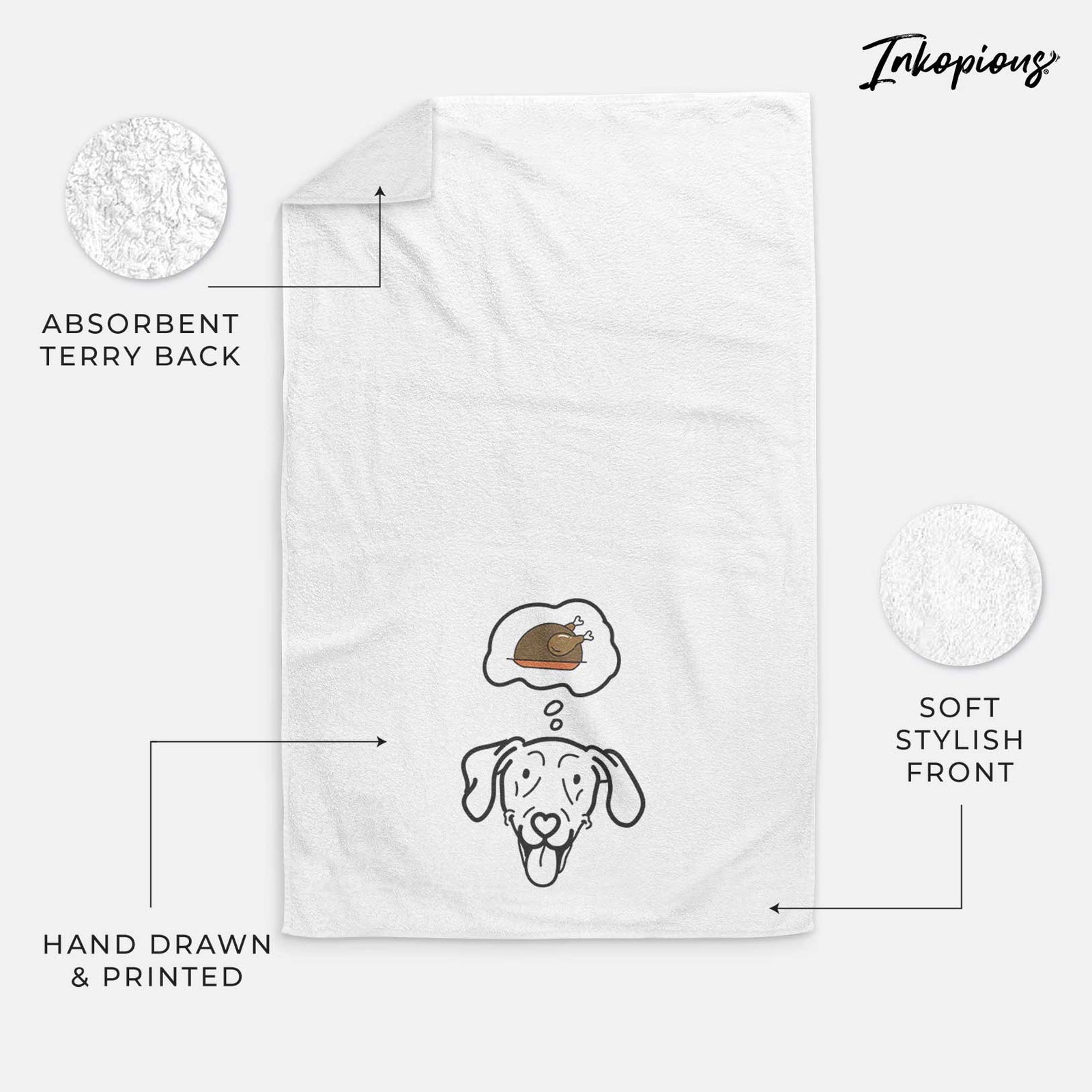 Minimalist line drawing of Paco Lobo the Weimaraner with a little turkey on a decorative hand towel