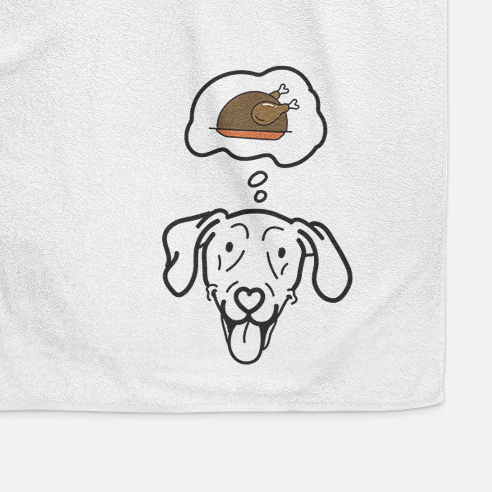 Minimalist line drawing of Paco Lobo the Weimaraner with a little turkey on a decorative hand towel