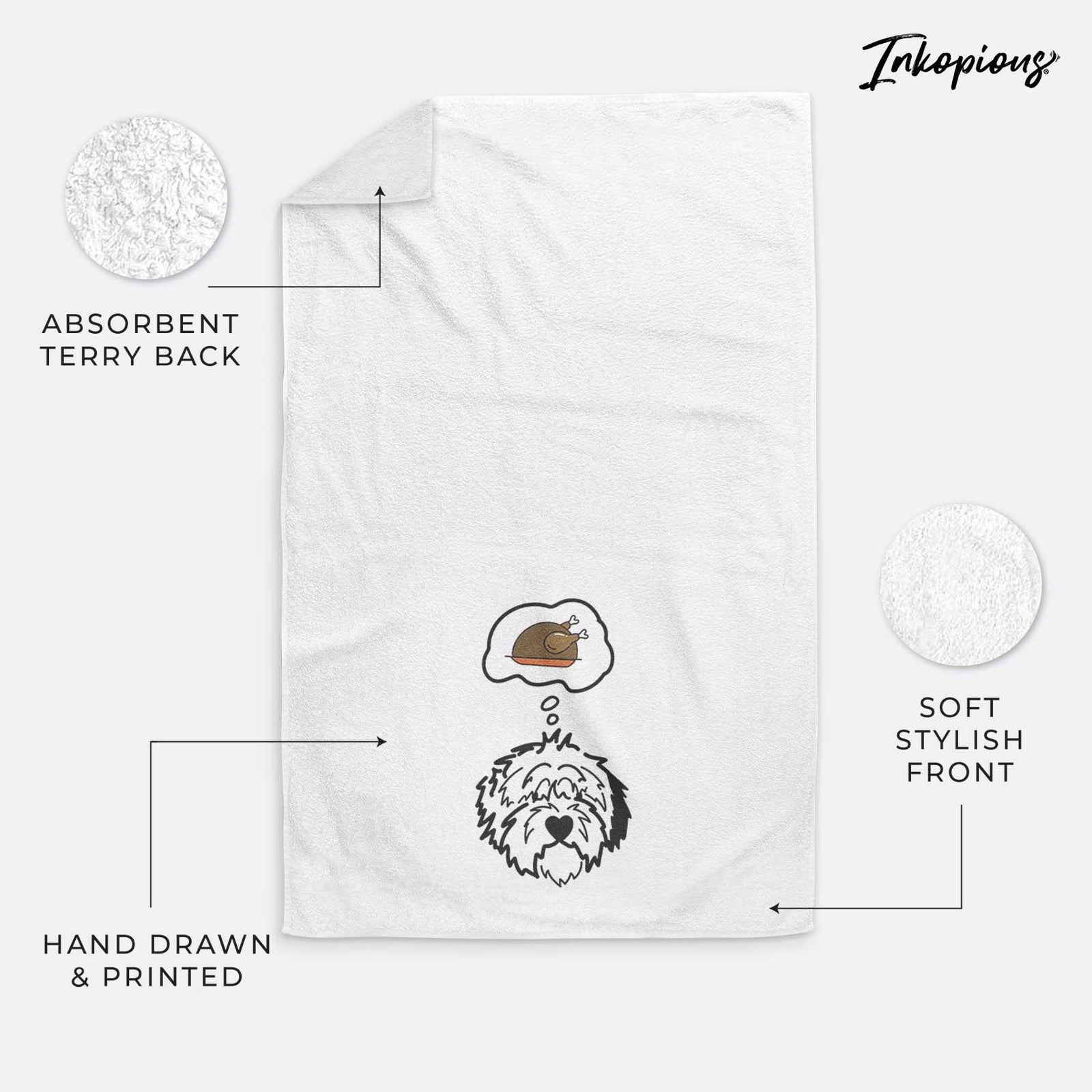 Minimalist line drawing of Penny the Old English Sheepdog with a little turkey on a decorative hand towel