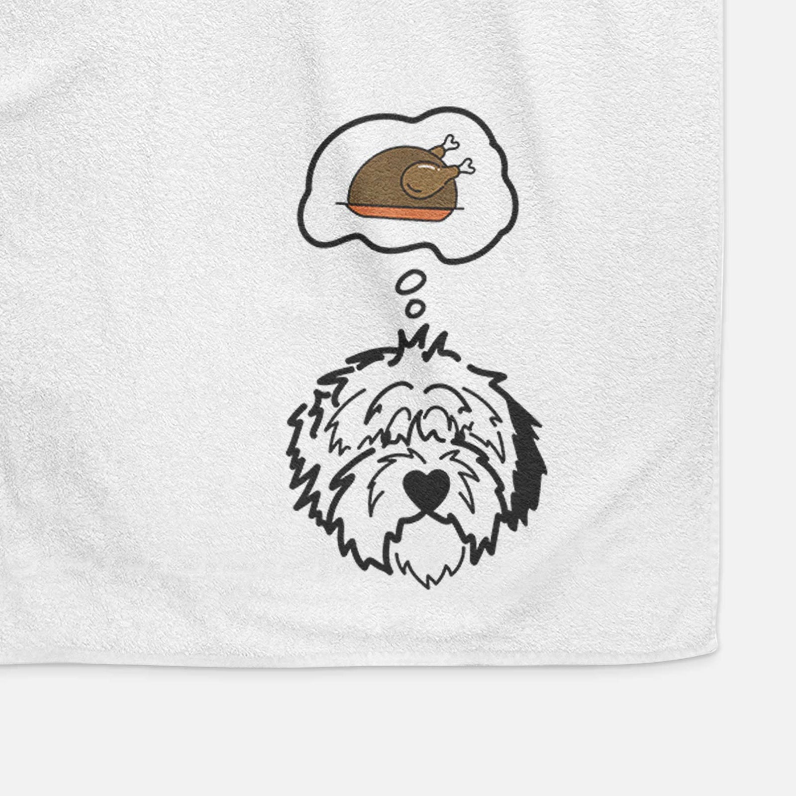 Minimalist line drawing of Penny the Old English Sheepdog with a little turkey on a decorative hand towel