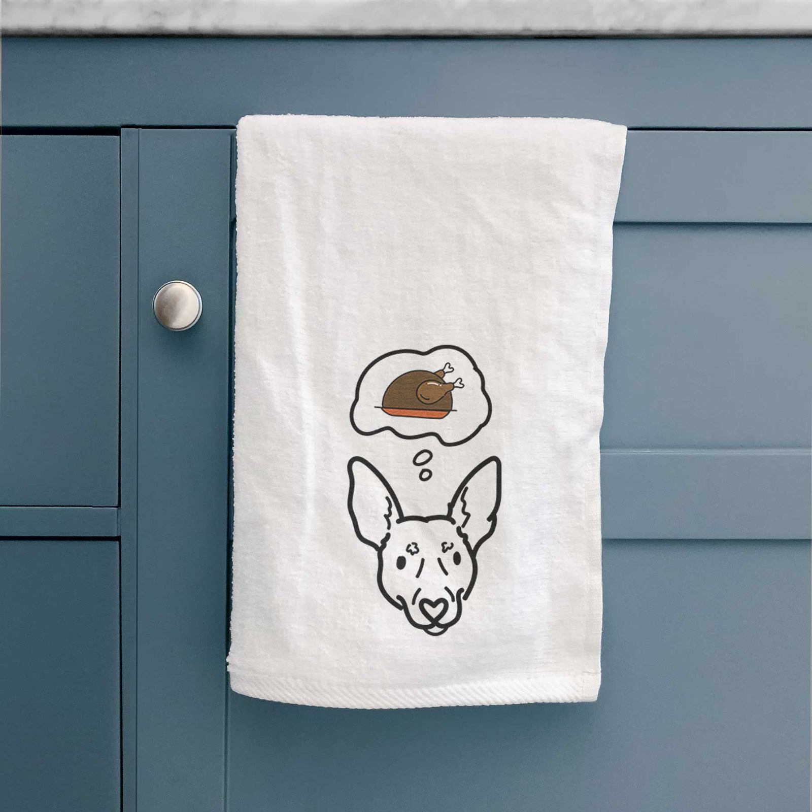 Minimalist line drawing of Penny the Rat Terrier with a little turkey on a decorative hand towel