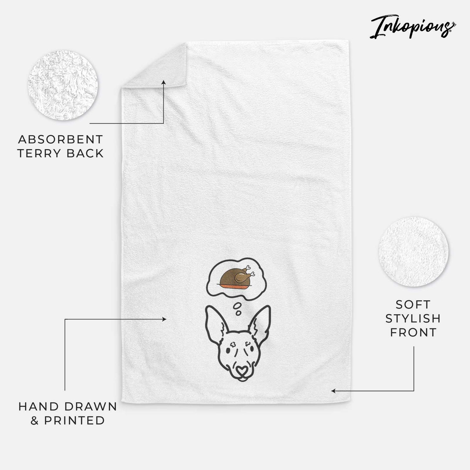 Minimalist line drawing of Penny the Rat Terrier with a little turkey on a decorative hand towel