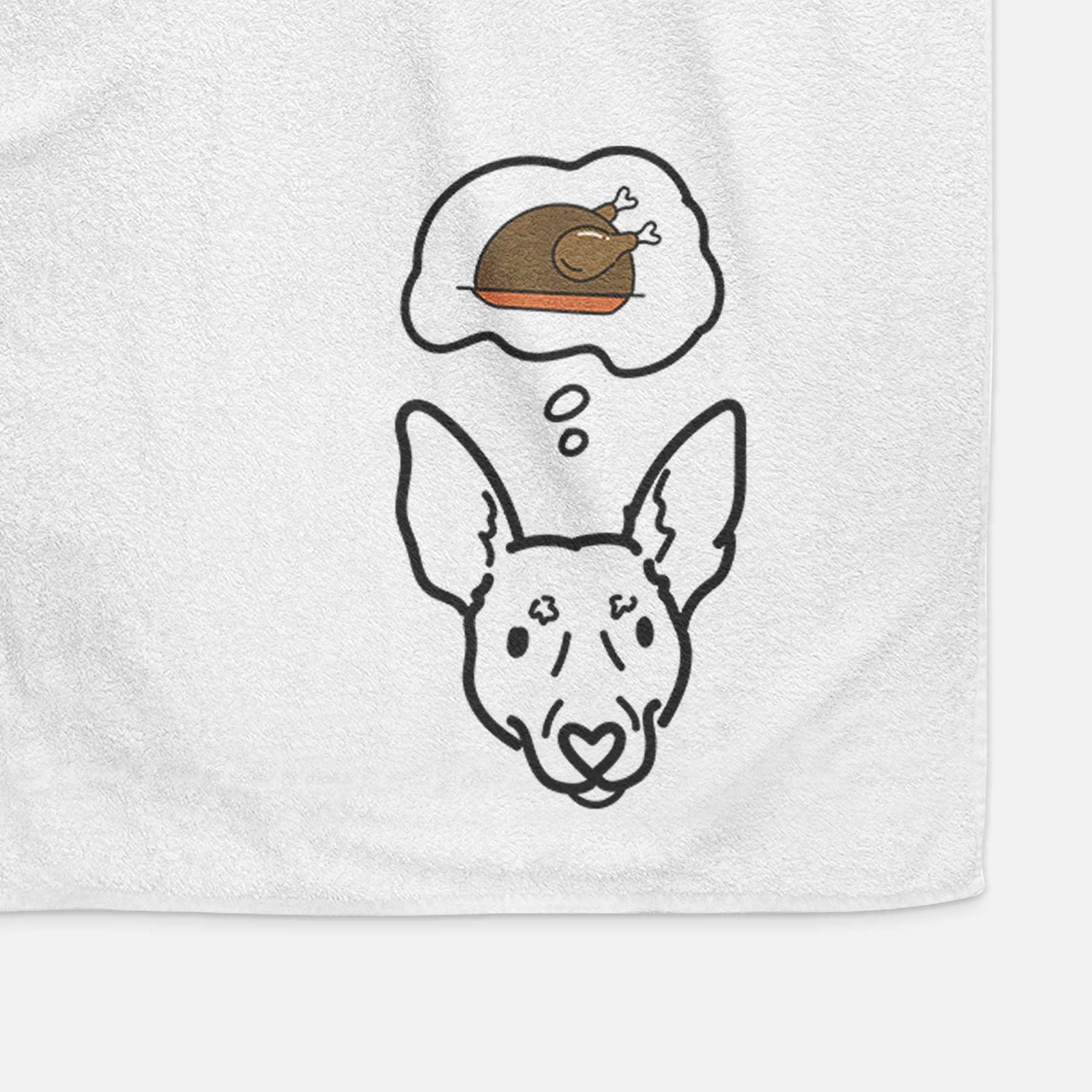 Minimalist line drawing of Penny the Rat Terrier with a little turkey on a decorative hand towel