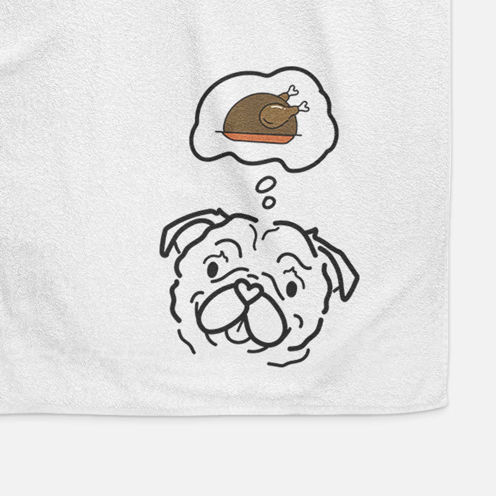 Minimalist line drawing of Pip the Pug with a little turkey on a decorative hand towel