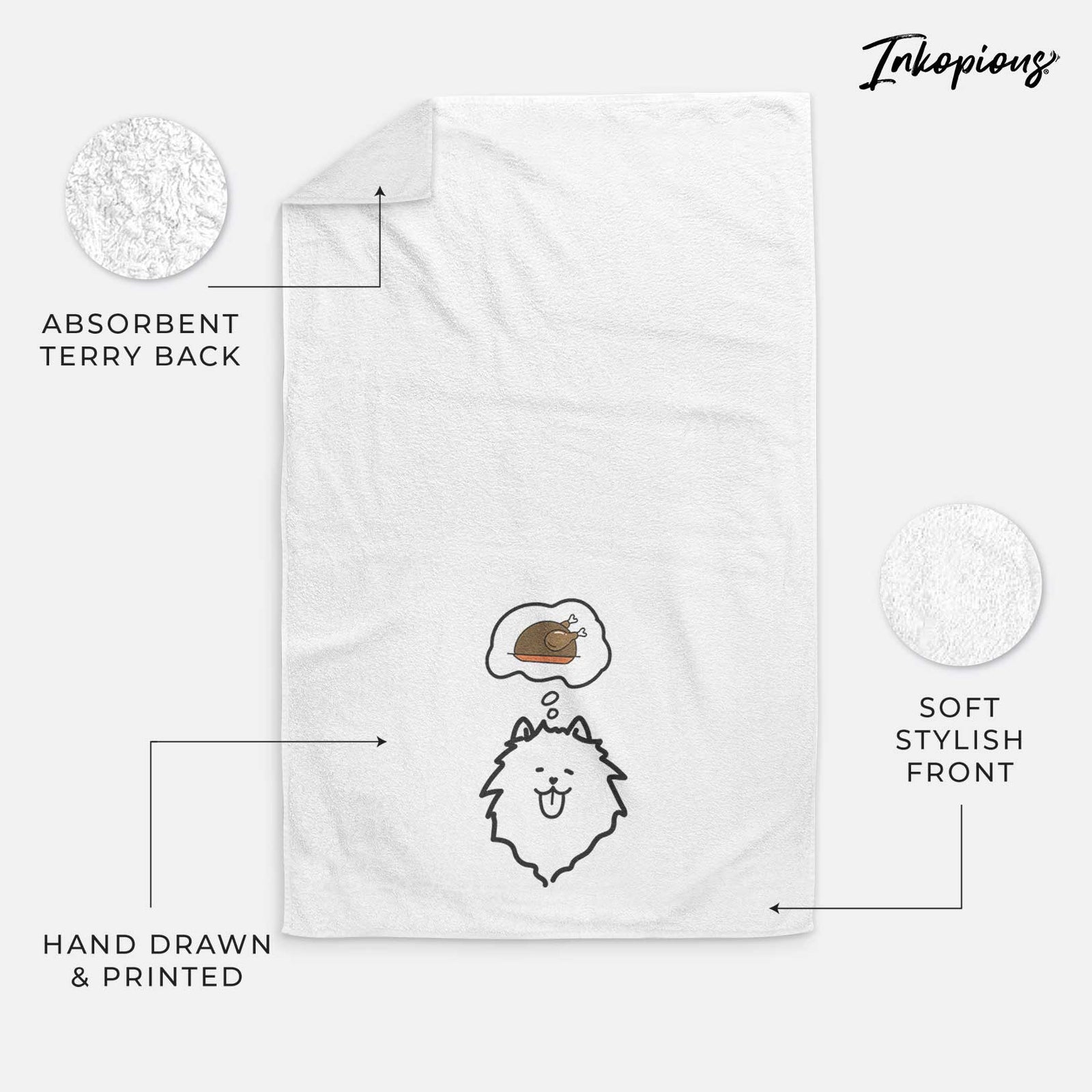Minimalist line drawing of a Pomeranian with a little turkey on a decorative hand towel