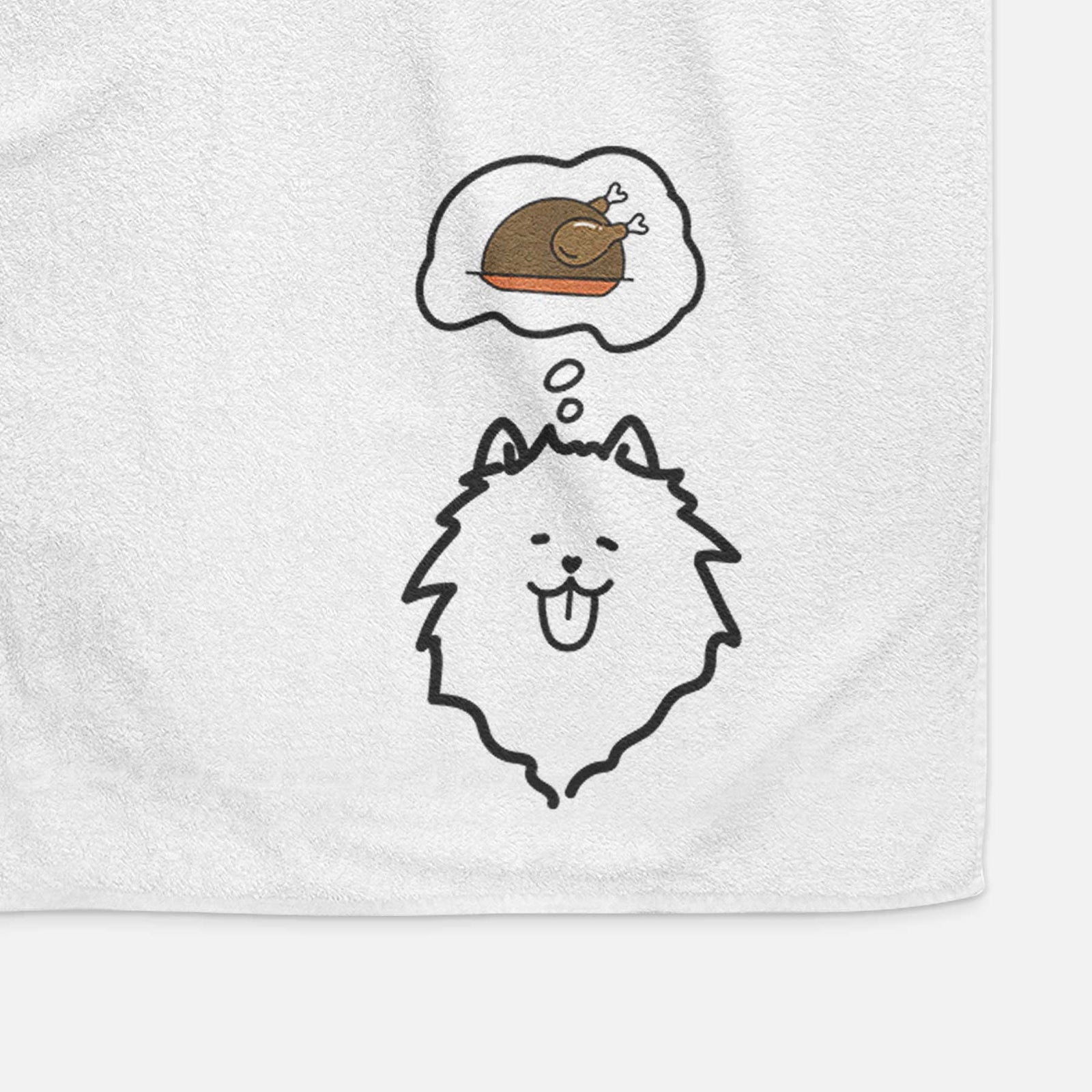 Minimalist line drawing of a Pomeranian with a little turkey on a decorative hand towel