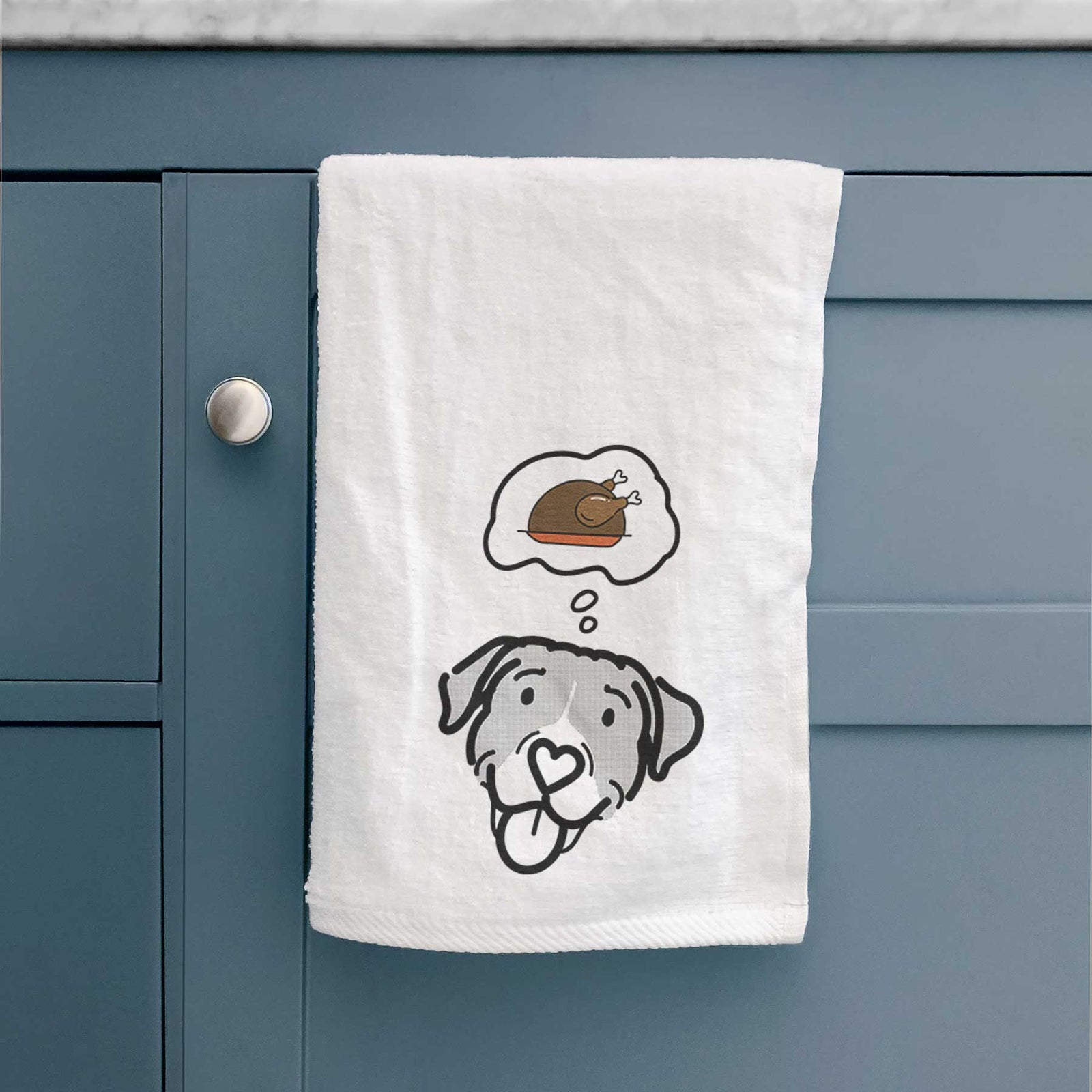 Minimalist line drawing of Shadow the Pitbull Mix with a little turkey on a decorative hand towel