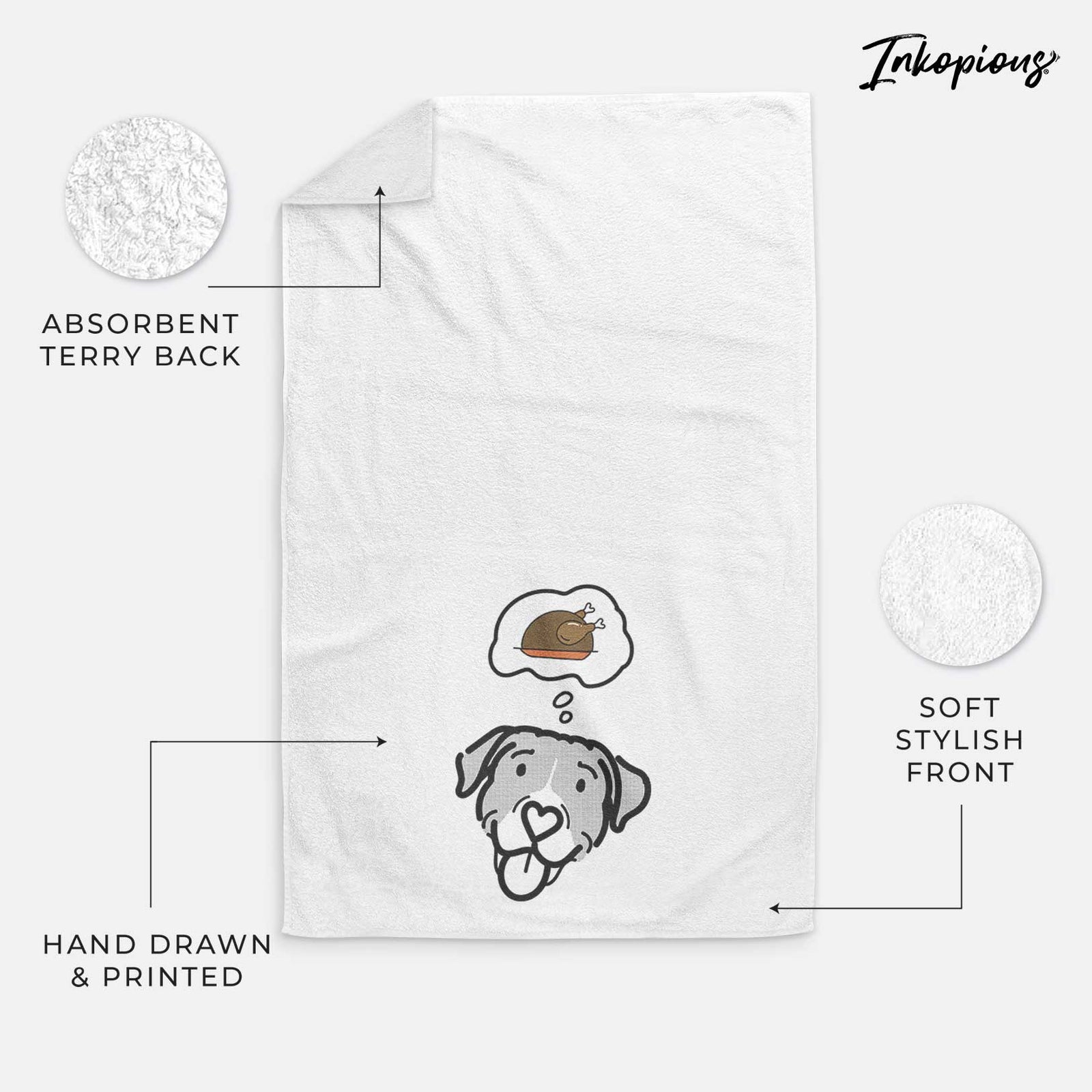Minimalist line drawing of Shadow the Pitbull Mix with a little turkey on a decorative hand towel