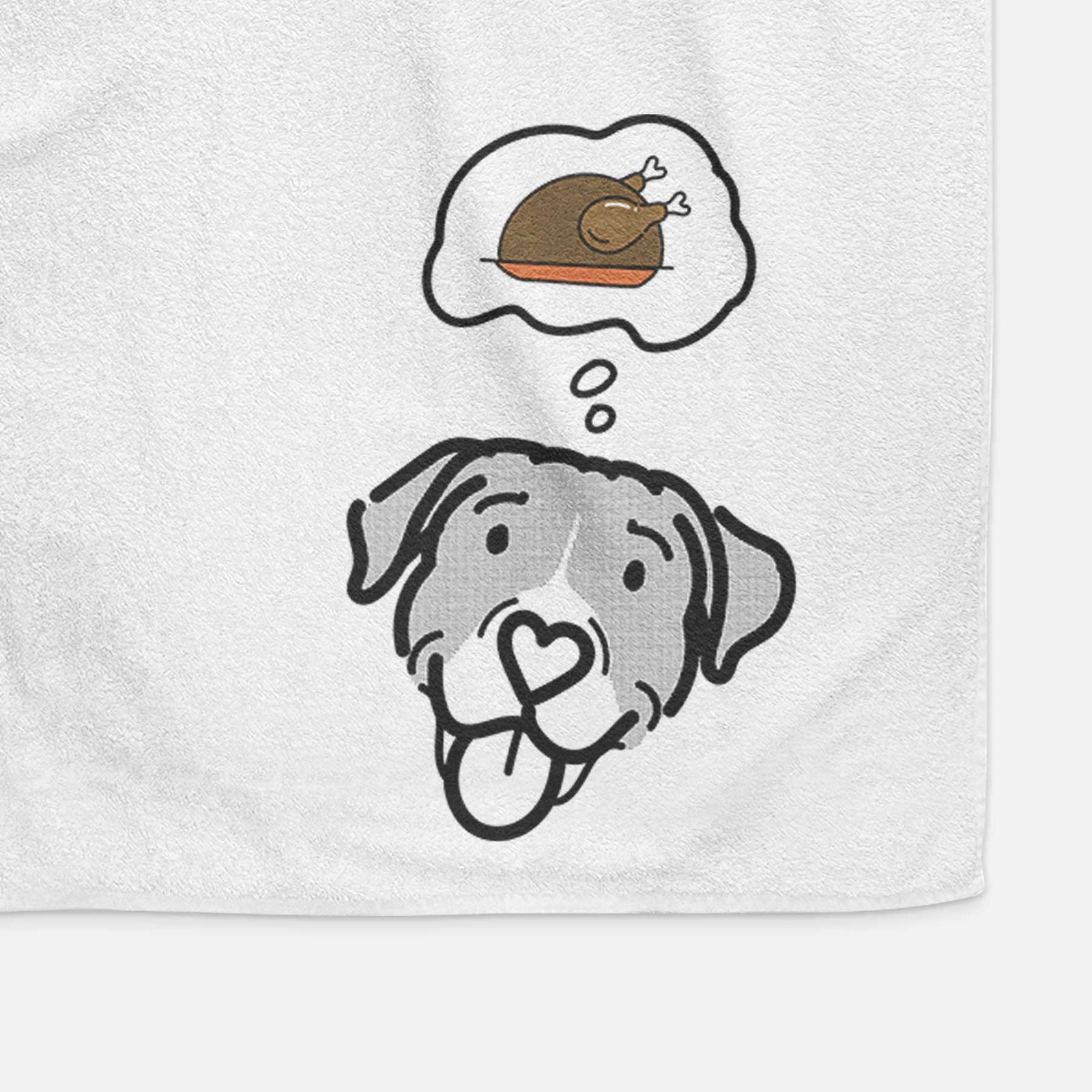 Minimalist line drawing of Shadow the Pitbull Mix with a little turkey on a decorative hand towel