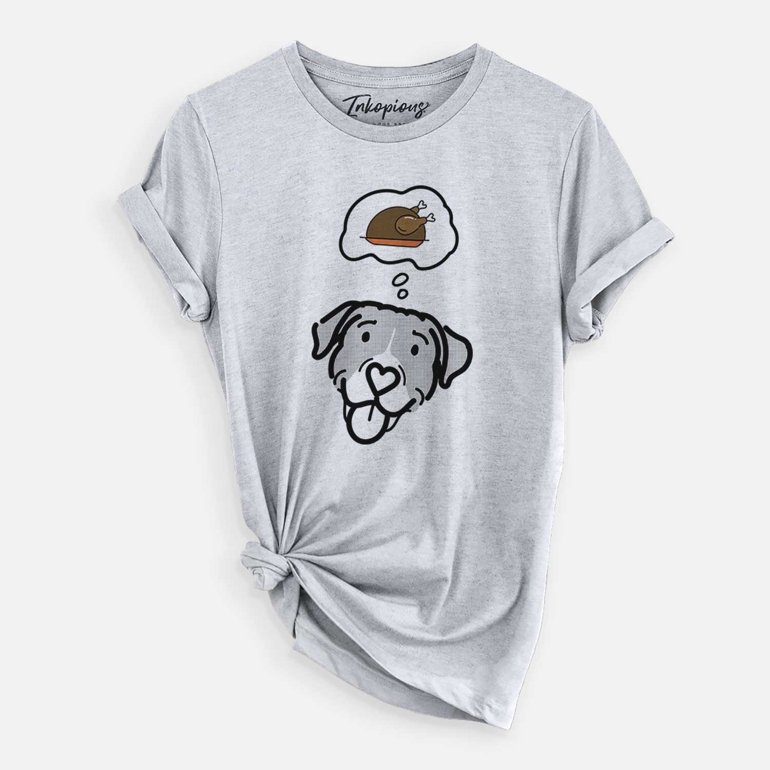 Minimalist line drawing of Shadow the Pitbull Mix with a little turkey on a Grey Unisex crewneck