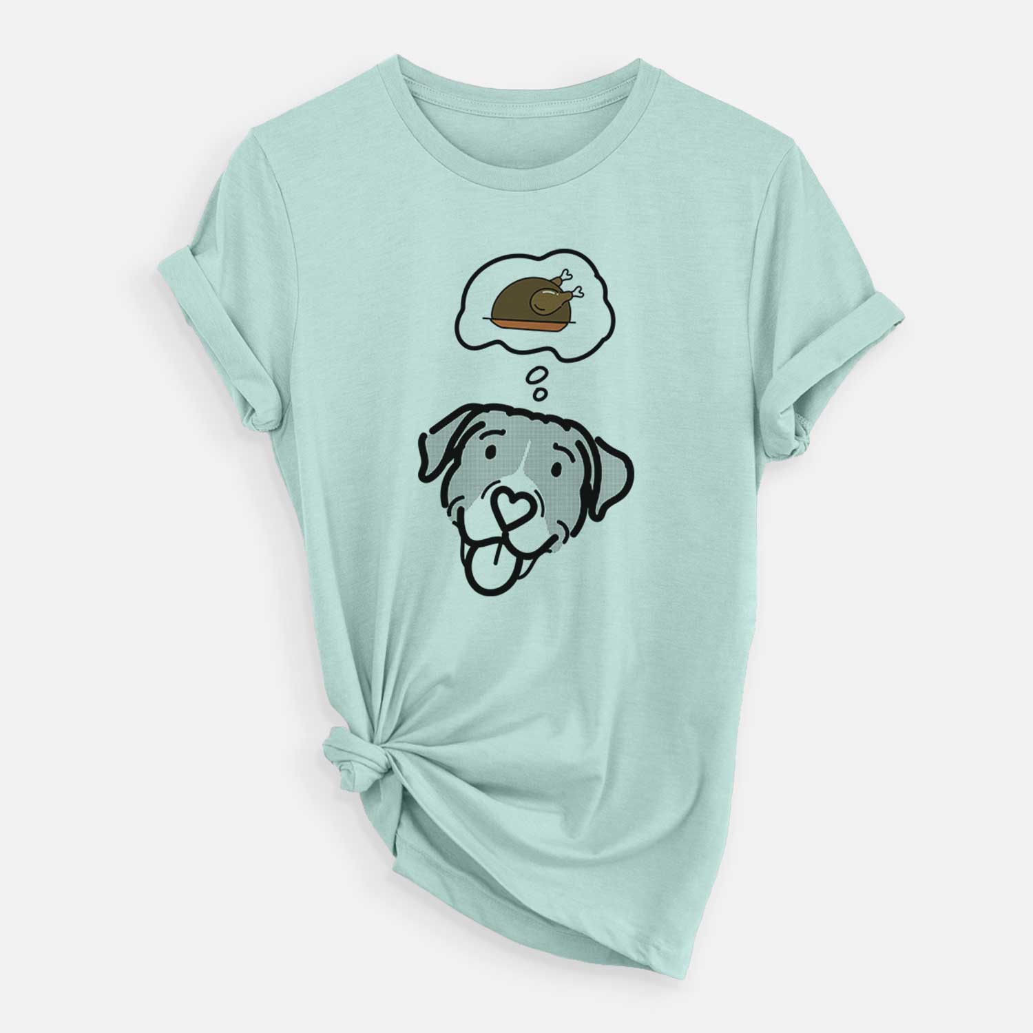 Minimalist line drawing of Shadow the Pitbull Mix with a little turkey on a Heather Sage Unisex crewneck