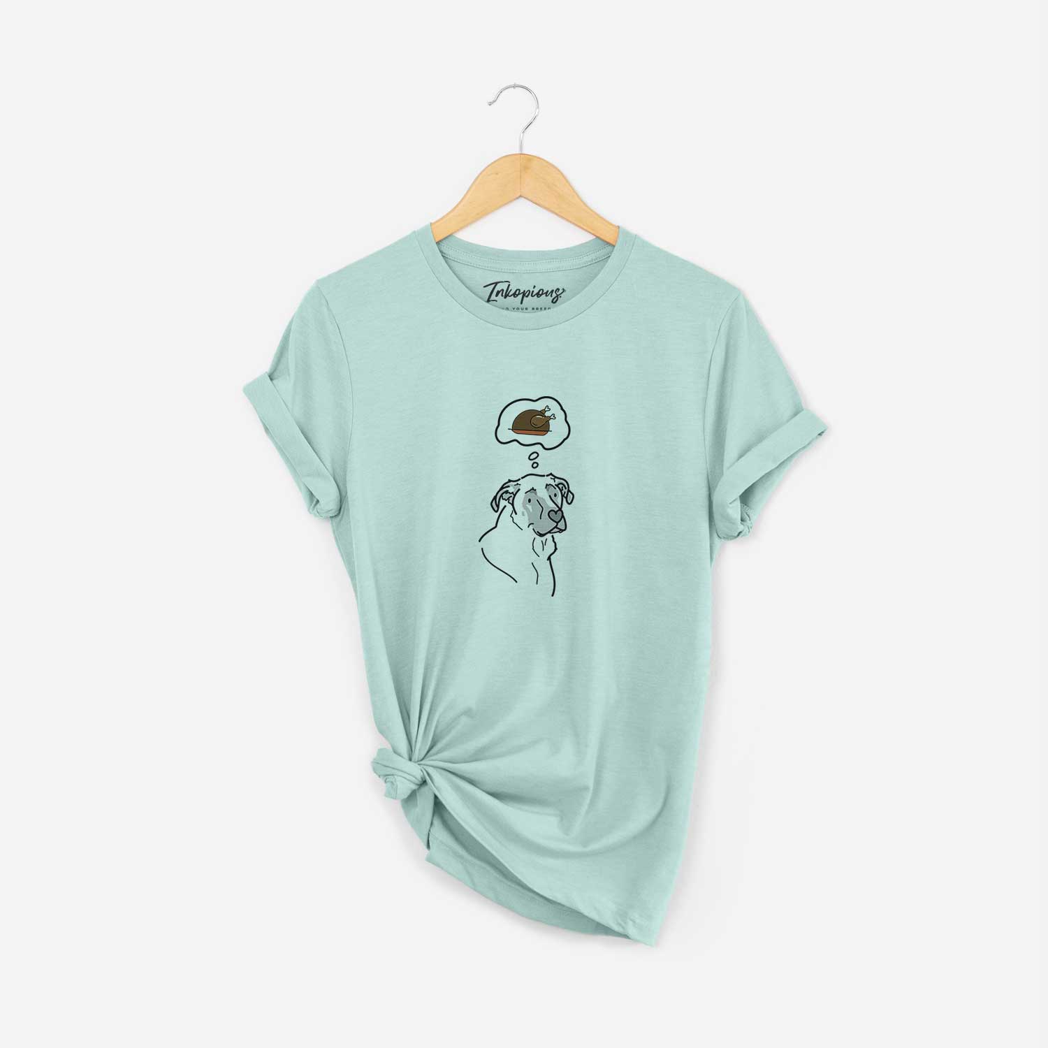 Minimalist line drawing of Tank the Mastiff German Shepherd Mix with a little turkey on a Heather Sage Unisex crewneck