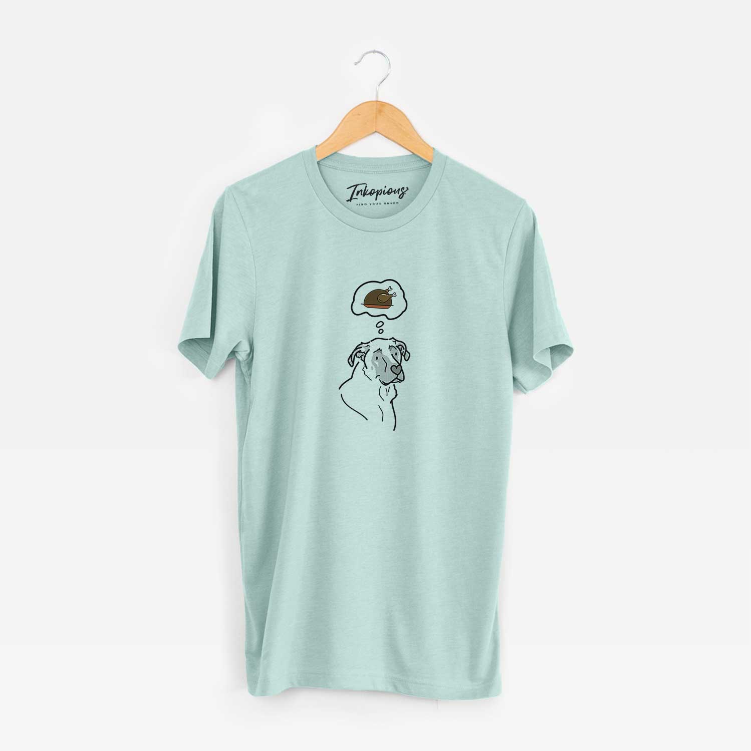Minimalist line drawing of Tank the Mastiff German Shepherd Mix with a little turkey on a Heather Sage Unisex crewneck
