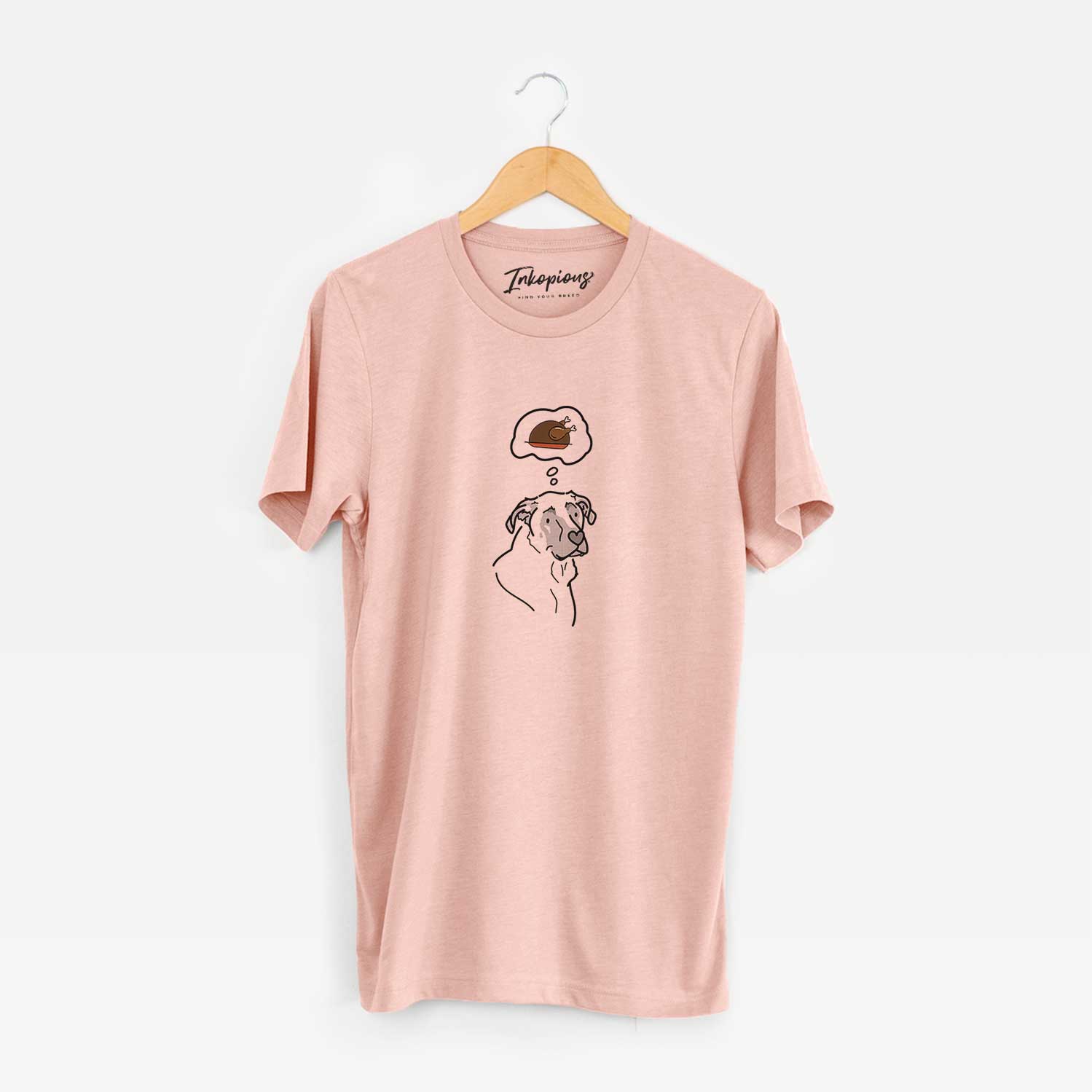 Minimalist line drawing of Tank the Mastiff German Shepherd Mix with a little turkey on a Peach Unisex crewneck