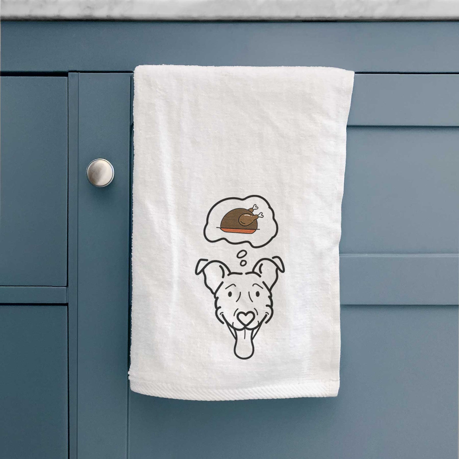 Minimalist line drawing of Tegan the Vizsla Mix with a little turkey on a decorative hand towel