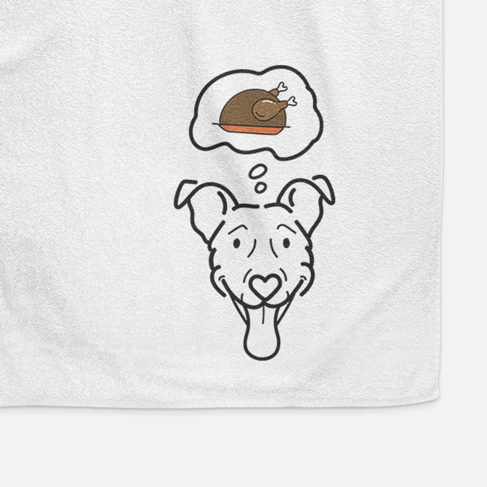 Minimalist line drawing of Tegan the Vizsla Mix with a little turkey on a decorative hand towel