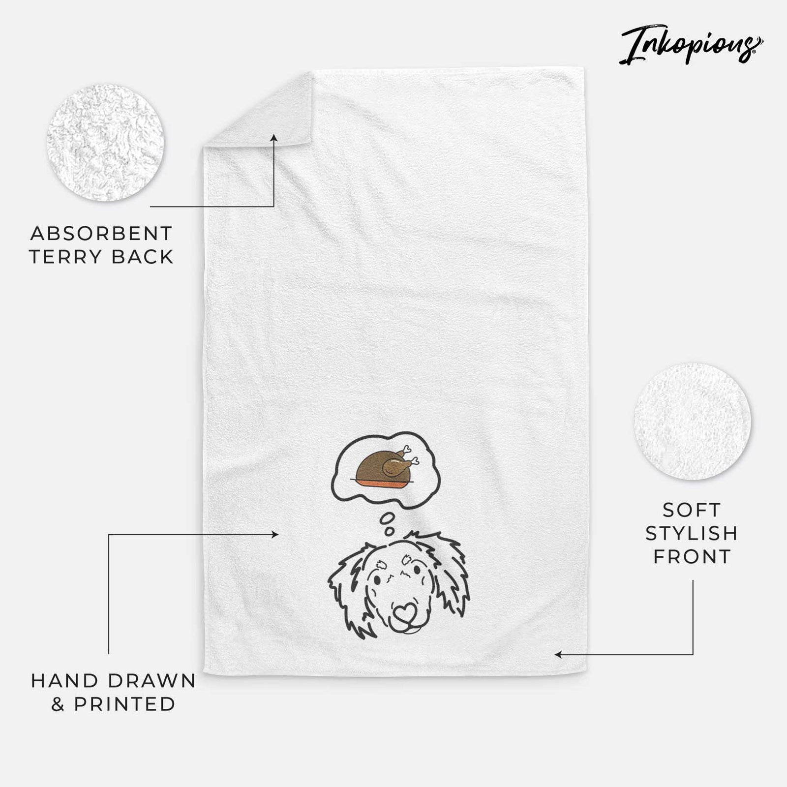 Minimalist line drawing of Tilly the Dachshund Mix with a little turkey on a decorative hand towel