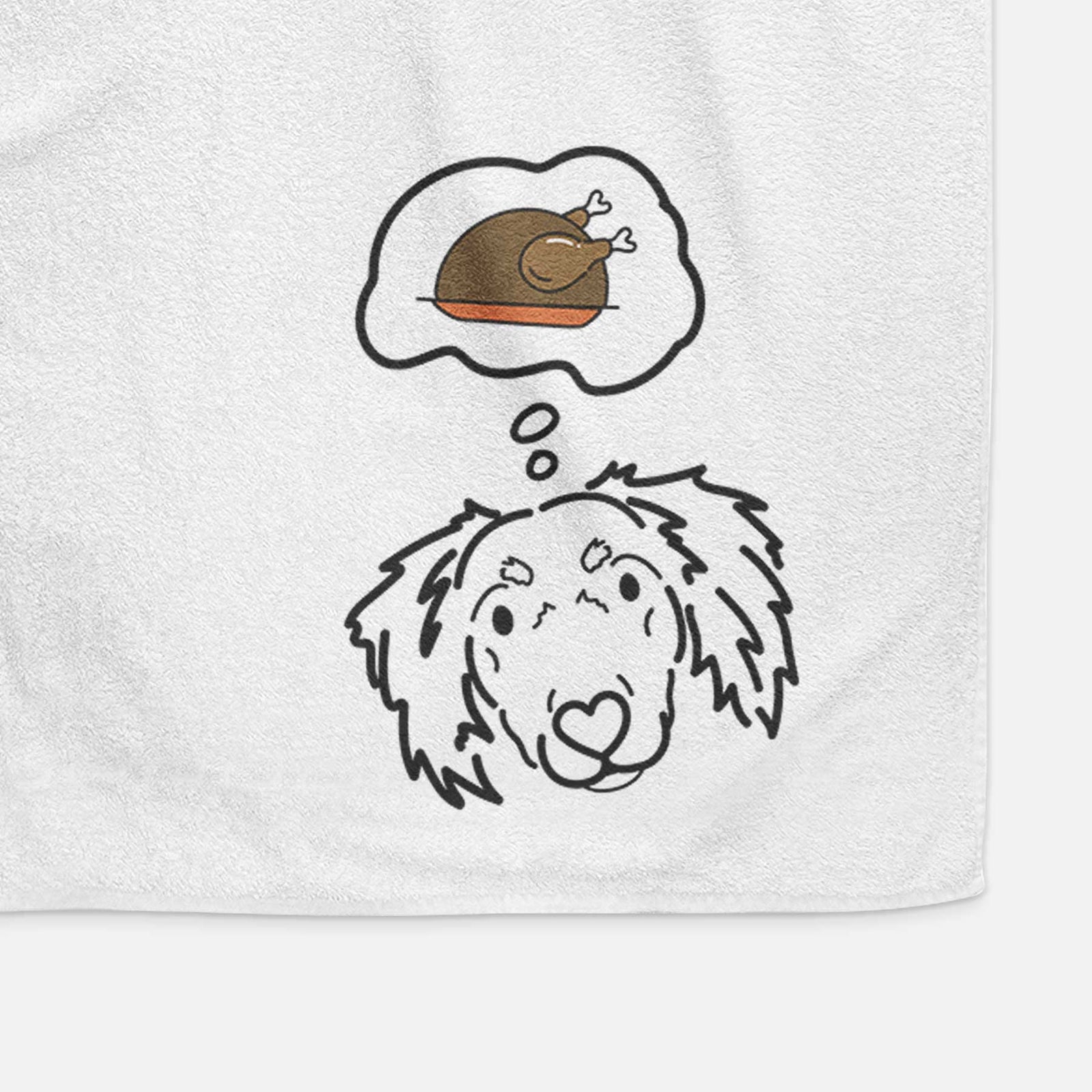 Minimalist line drawing of Tilly the Dachshund Mix with a little turkey on a decorative hand towel
