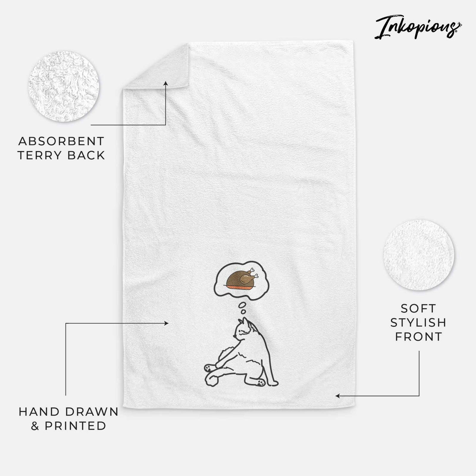 Minimalist line drawing of Tom the Cat with a little turkey on a decorative hand towel