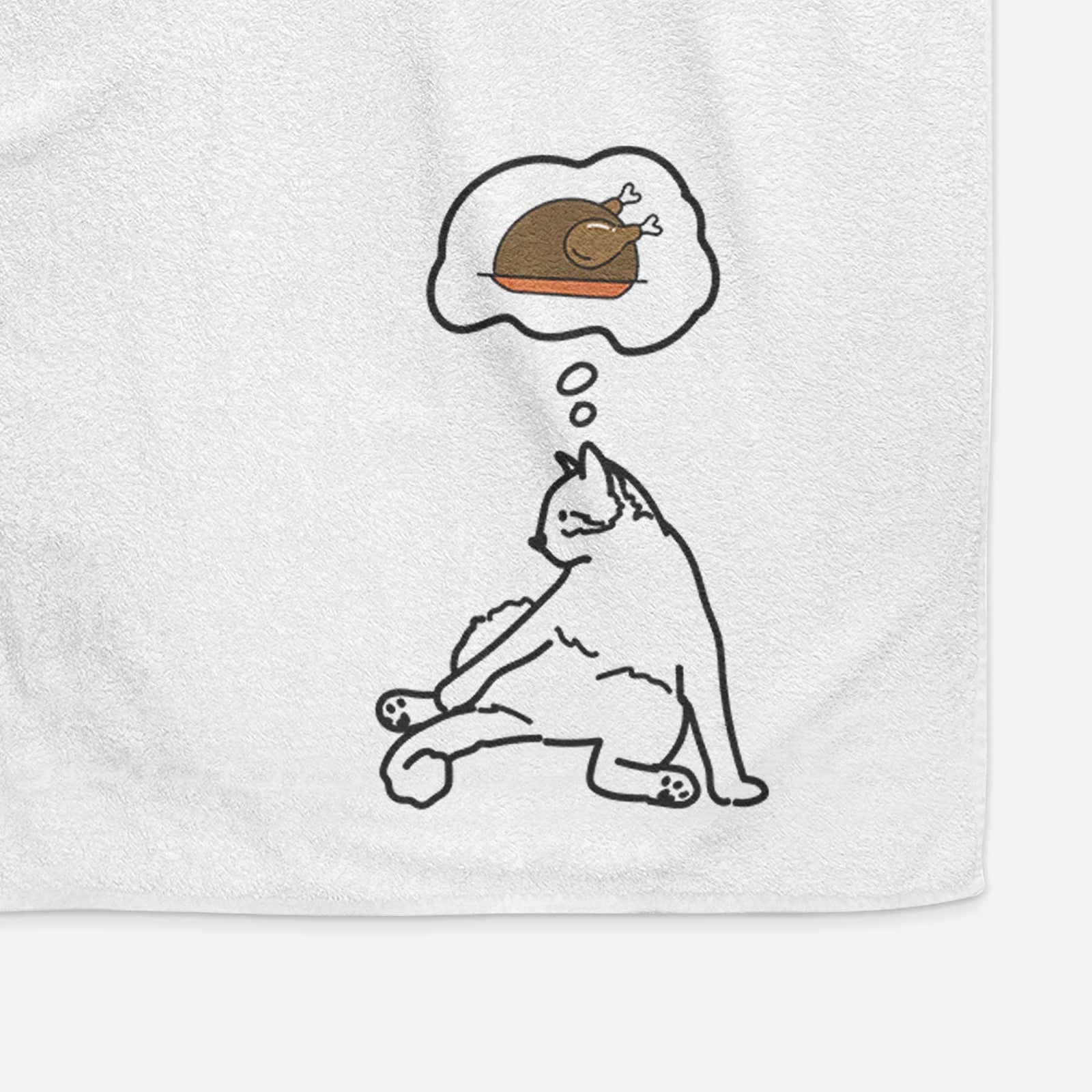Minimalist line drawing of Tom the Cat with a little turkey on a decorative hand towel