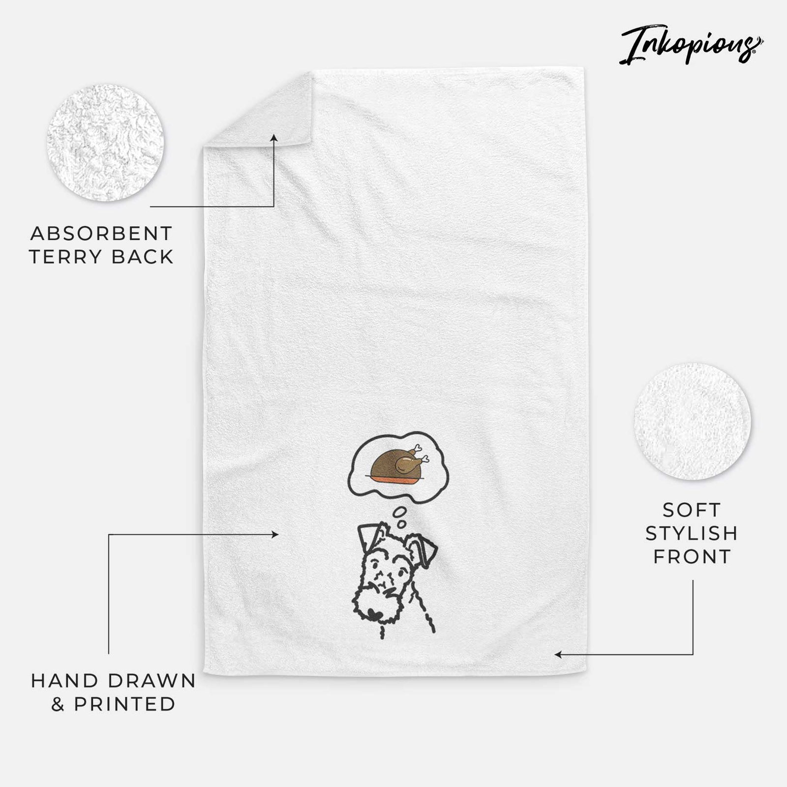 Minimalist line drawing of a Wire Fox Terrier with a little turkey on a decorative hand towel