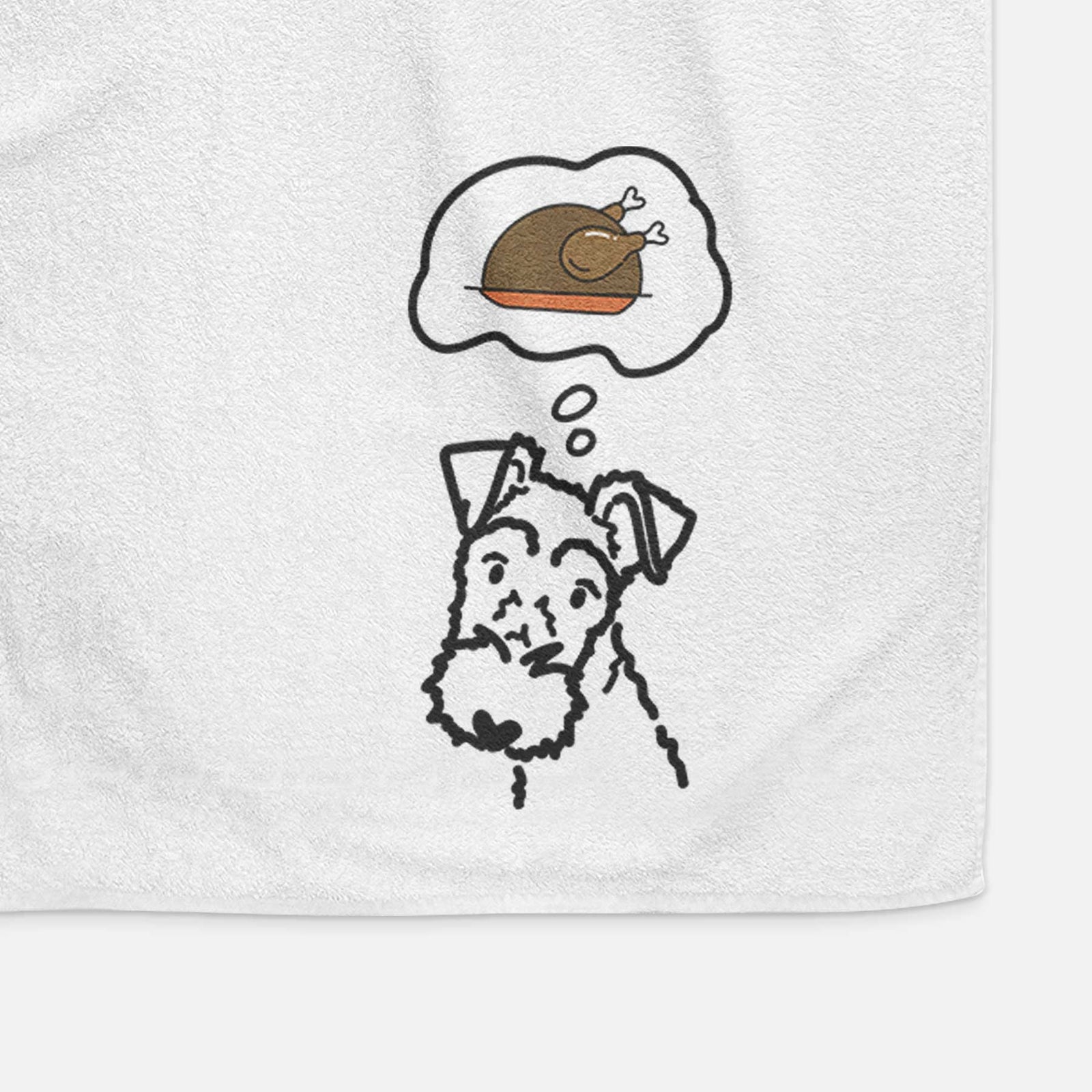 Minimalist line drawing of a Wire Fox Terrier with a little turkey on a decorative hand towel