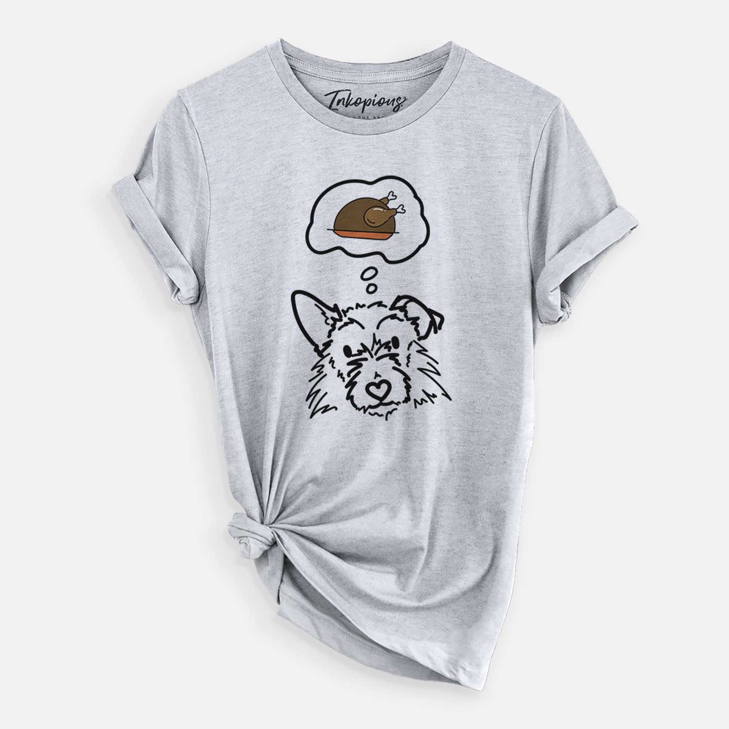 Minimalist line drawing of Ziggy the Terrier Mix with a little turkey on a Grey Unisex crewneck
