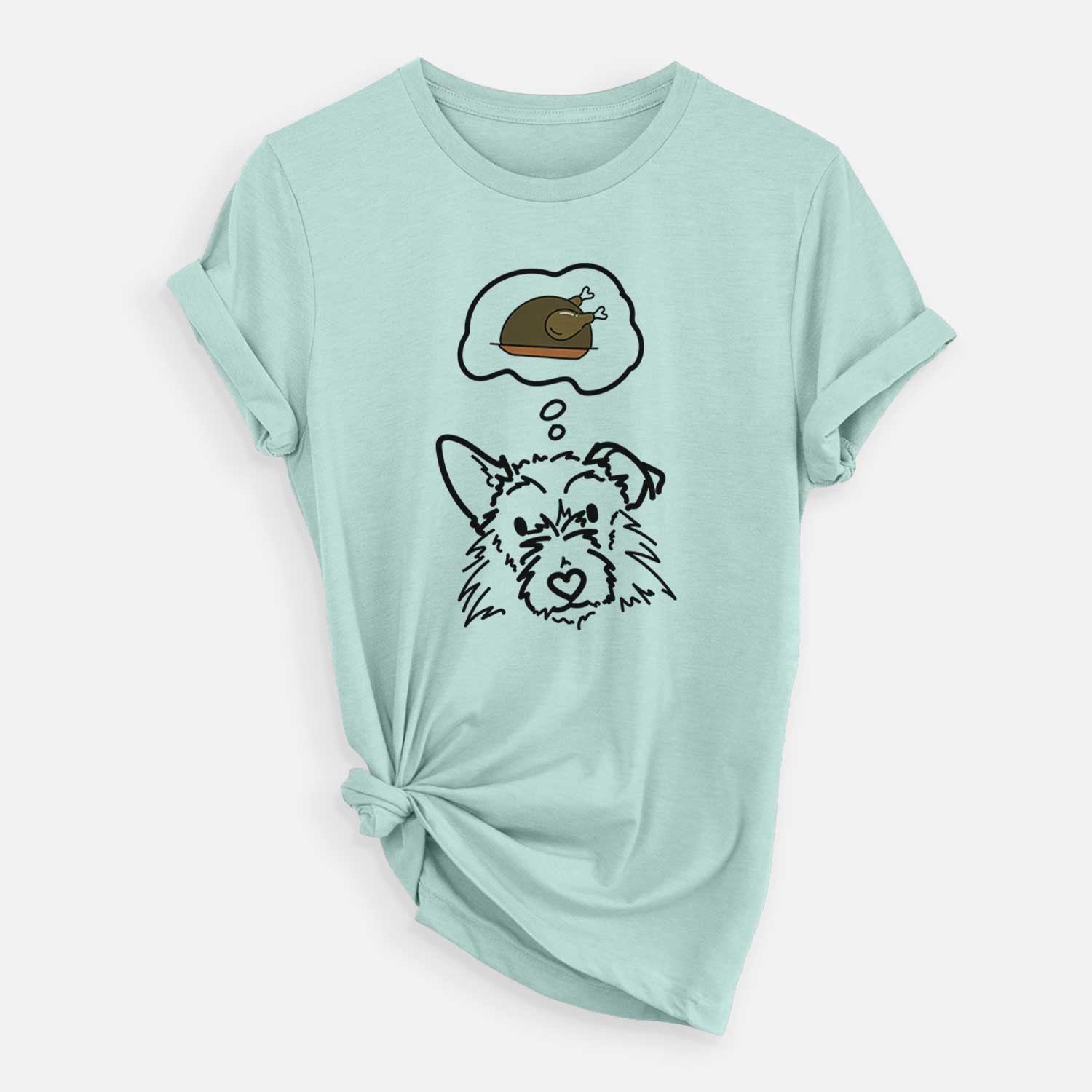 Minimalist line drawing of Ziggy the Terrier Mix with a little turkey on a Heather Sage Unisex crewneck