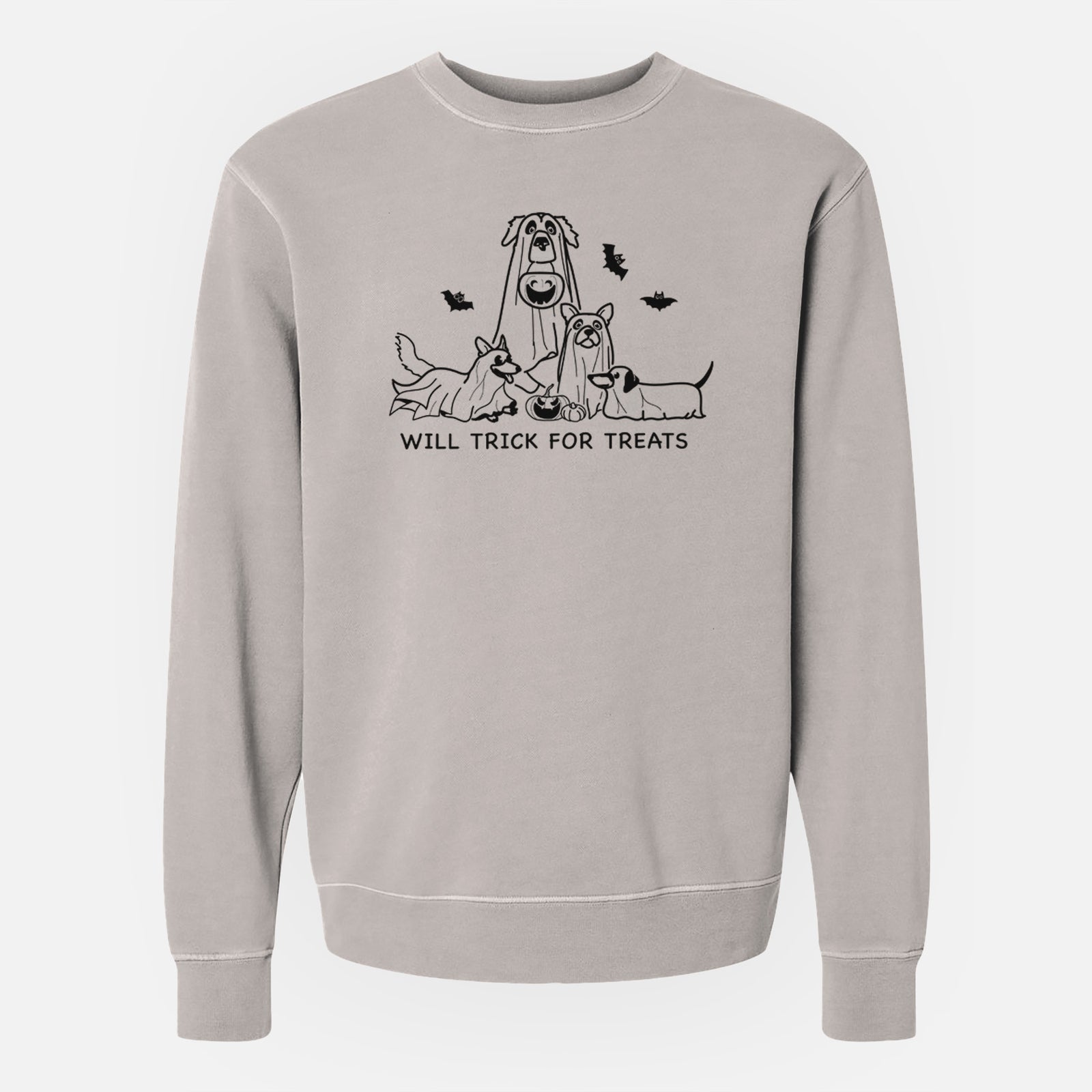 'Ghost Pups' design on a Cement Unisex pigment dyed crew sweatshirt