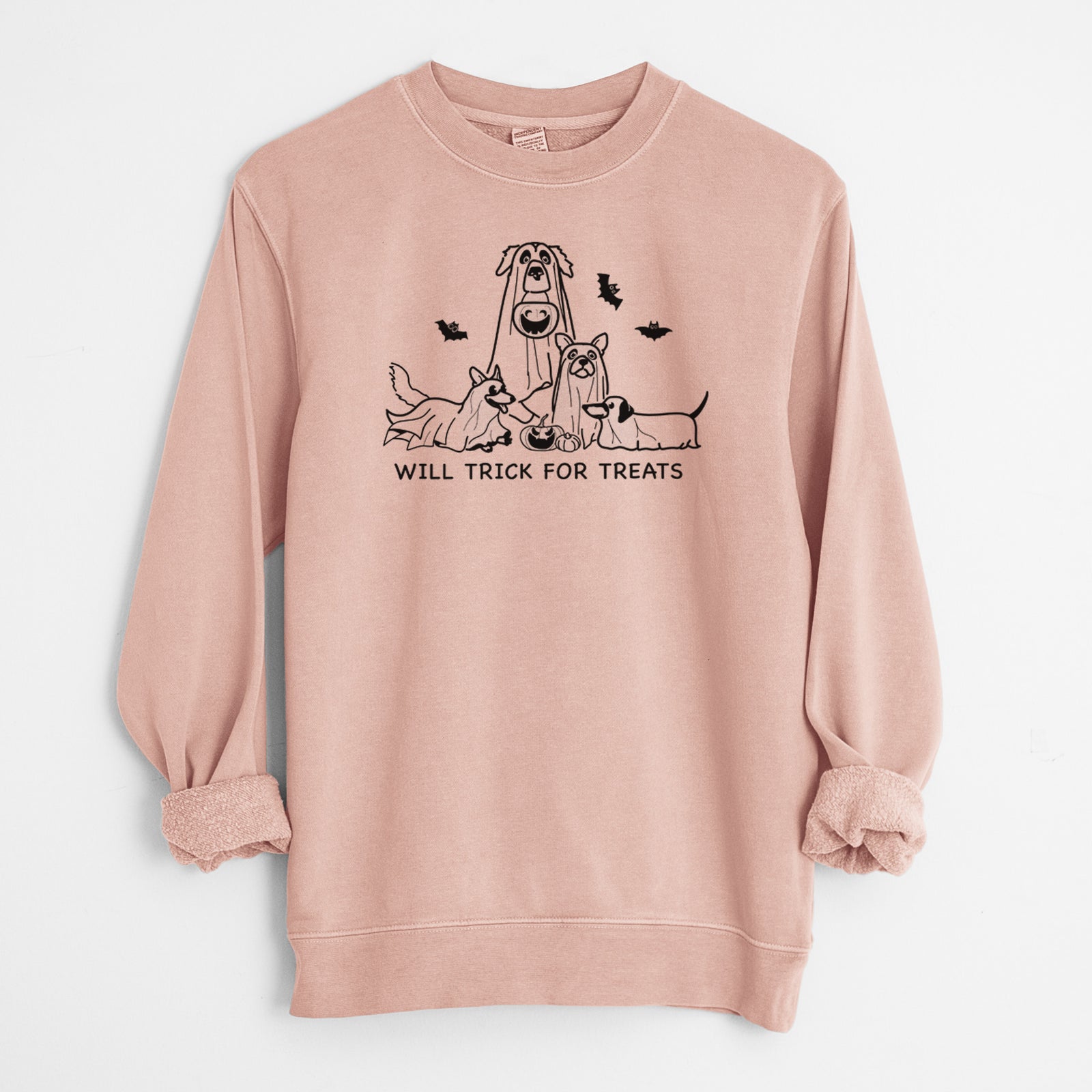 'Ghost Pups' design on a Dusty Pink Unisex pigment dyed crew sweatshirt