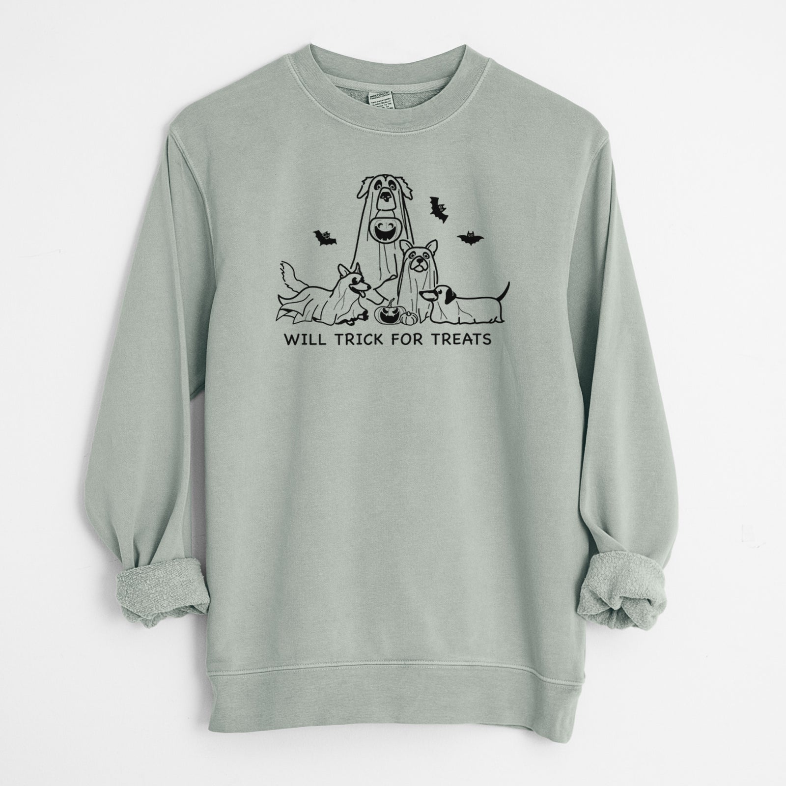 'Ghost Pups' design on a Sage Unisex pigment dyed crew sweatshirt
