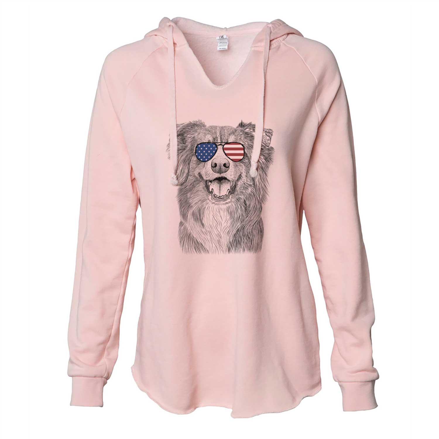 Hand-drawn sketch of Aussie Parker the Australian Shepherd wearing American flag sunglasses on a Blush Cali Wave Hooded Sweatshirt