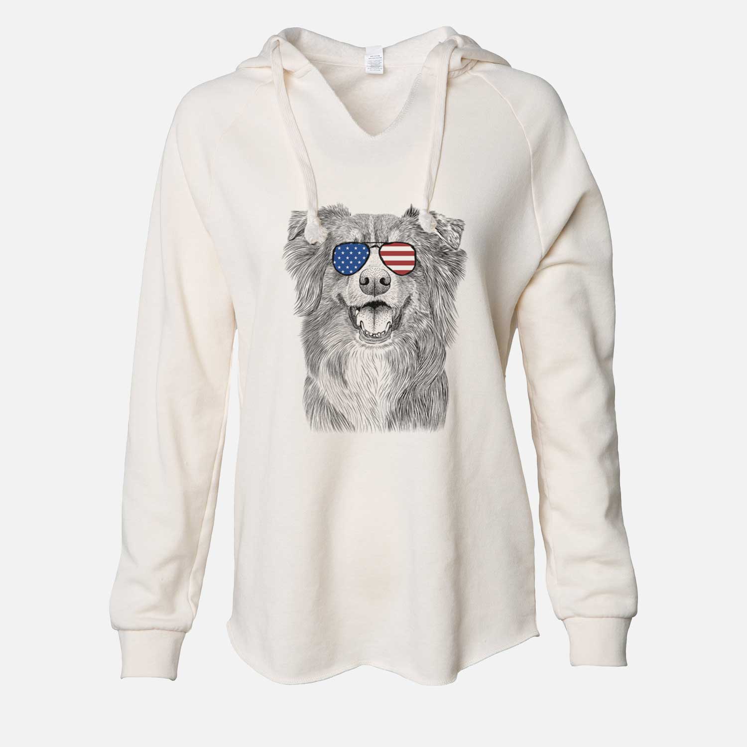 Hand-drawn sketch of Aussie Parker the Australian Shepherd wearing American flag sunglasses on a Bone Cali Wave Hooded Sweatshirt