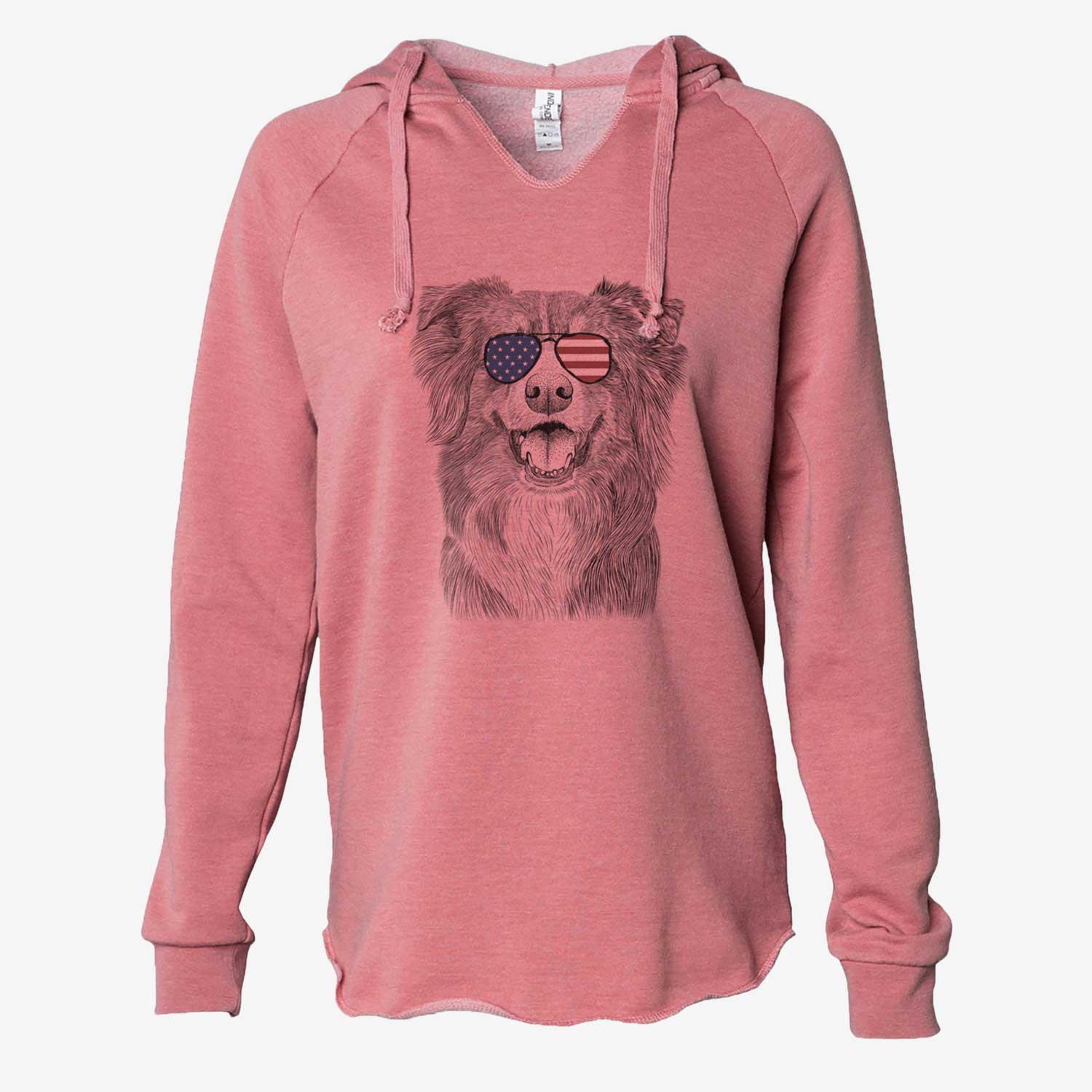 Hand-drawn sketch of Aussie Parker the Australian Shepherd wearing American flag sunglasses on a Dusty Rose Cali Wave Hooded Sweatshirt
