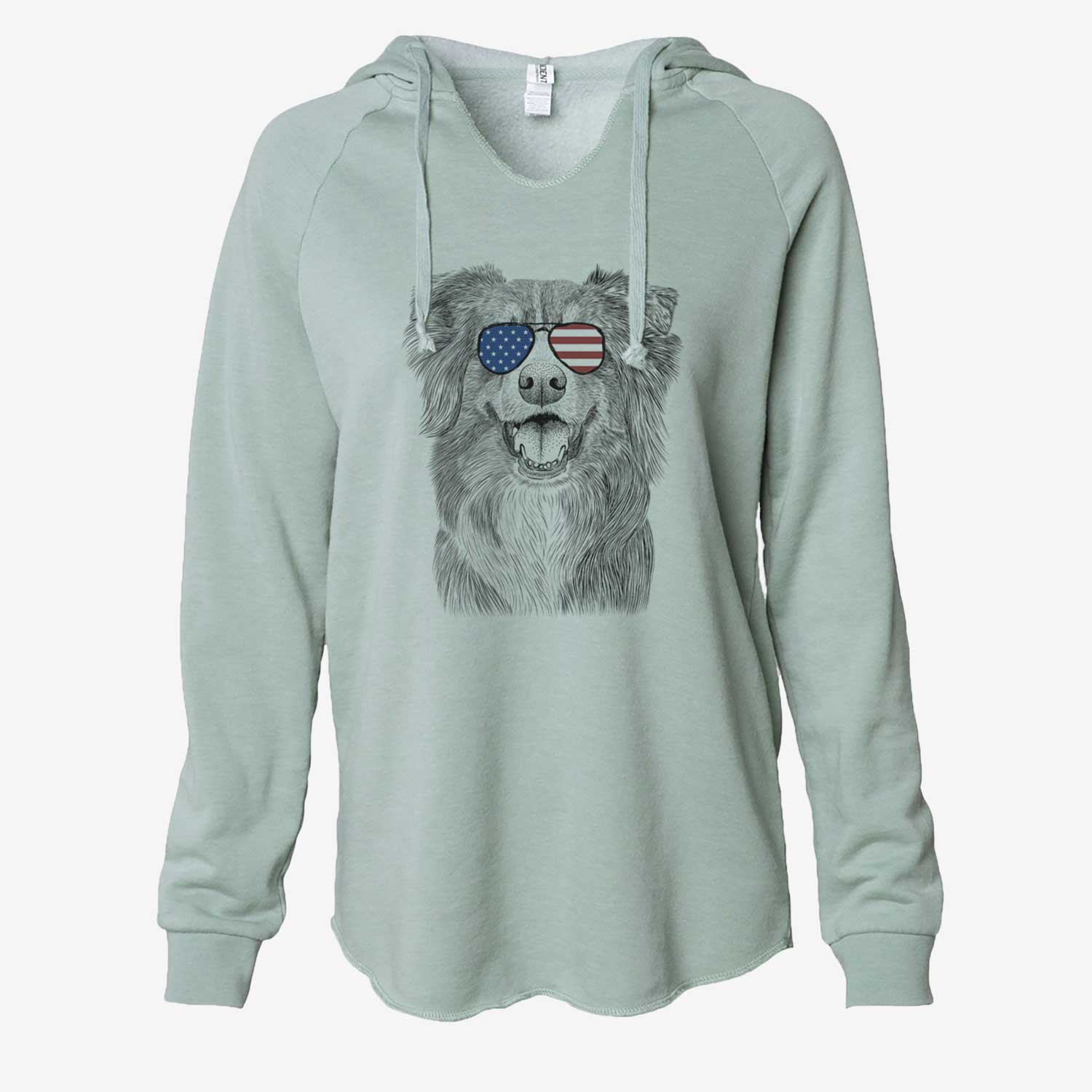 Hand-drawn sketch of Aussie Parker the Australian Shepherd wearing American flag sunglasses on a Sage Cali Wave Hooded Sweatshirt
