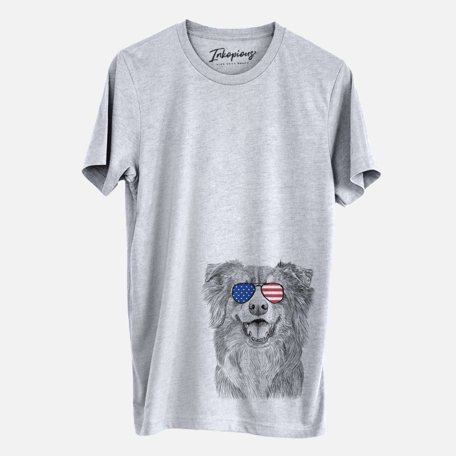 Hand-drawn sketch of Aussie Parker the Australian Shepherd wearing American flag sunglasses on a Grey Unisex crewneck