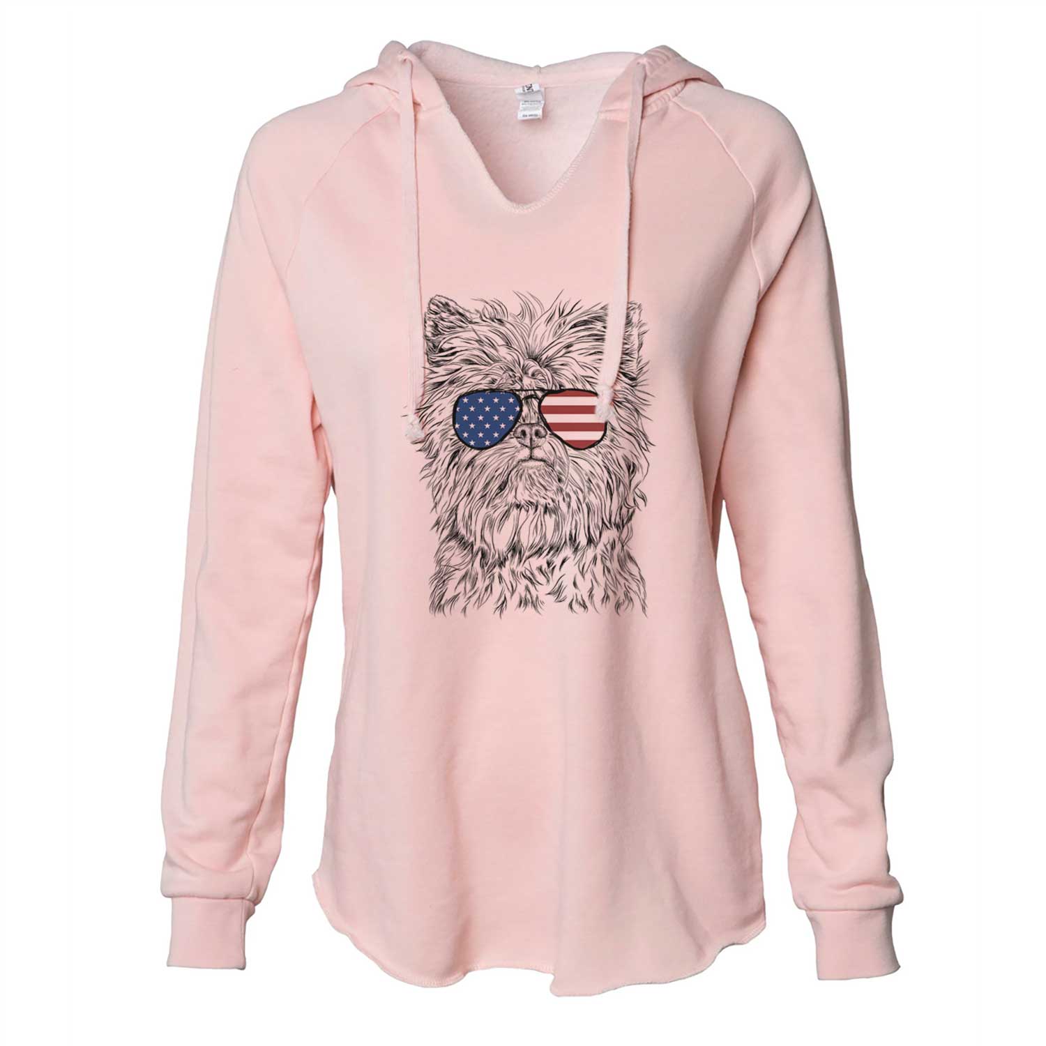 Hand-drawn sketch of Alvin the Affenpinscher wearing American flag sunglasses on a Blush Cali Wave Hooded Sweatshirt