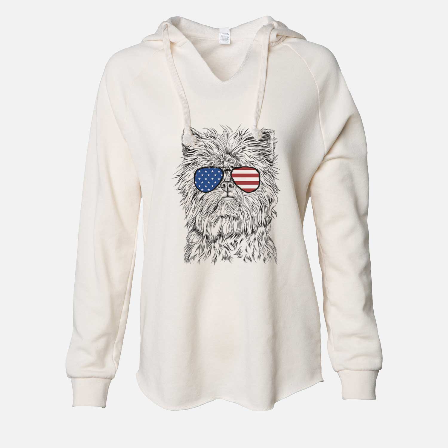 Hand-drawn sketch of Alvin the Affenpinscher wearing American flag sunglasses on a Bone Cali Wave Hooded Sweatshirt