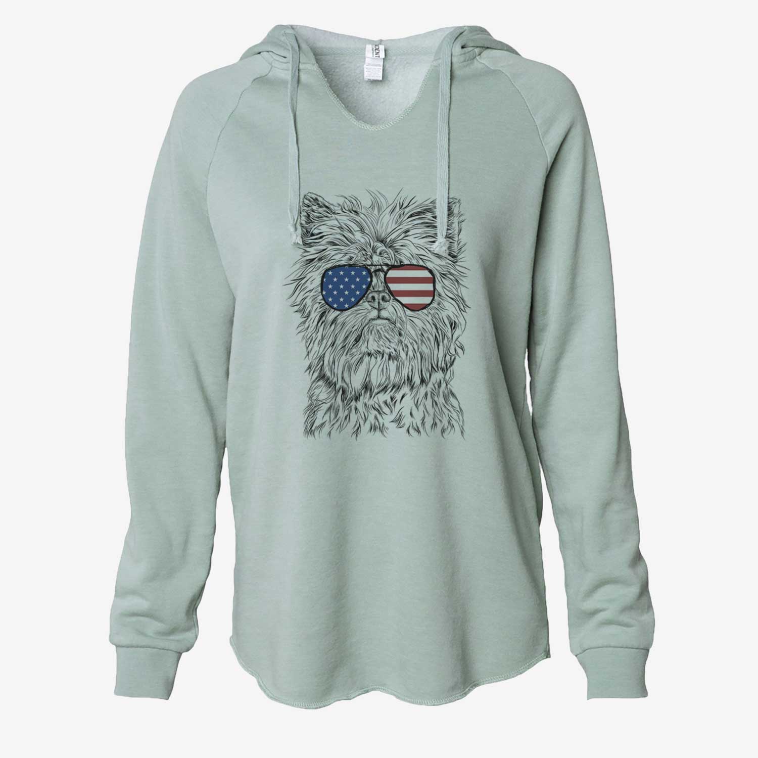 Hand-drawn sketch of Alvin the Affenpinscher wearing American flag sunglasses on a Sage Cali Wave Hooded Sweatshirt