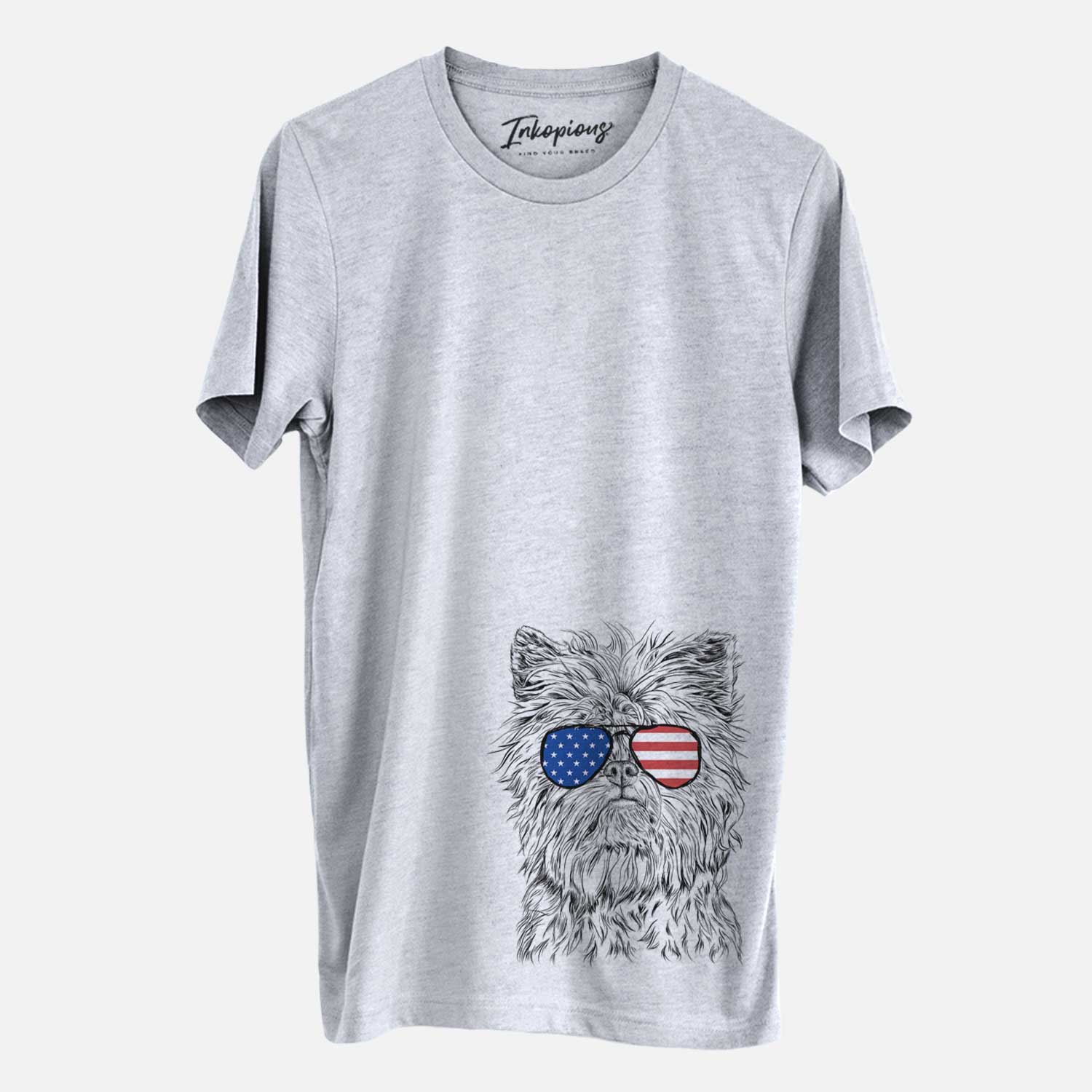 Hand-drawn sketch of Alvin the Affenpinscher wearing American flag sunglasses on a Grey Unisex crewneck