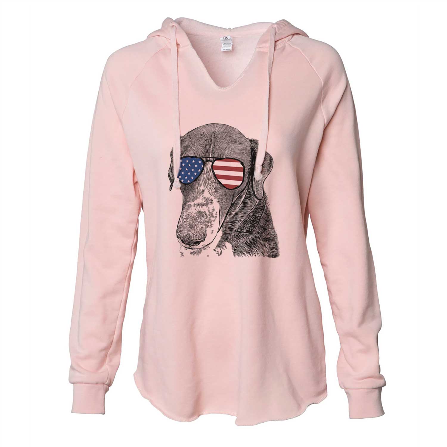 Hand-drawn sketch of Angel Orion the Mixed Breed wearing American flag sunglasses on a Blush Cali Wave Hooded Sweatshirt