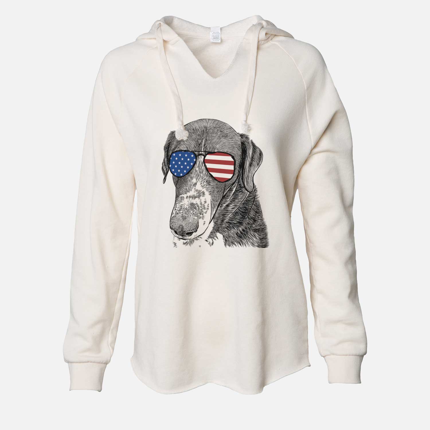 Hand-drawn sketch of Angel Orion the Mixed Breed wearing American flag sunglasses on a Bone Cali Wave Hooded Sweatshirt