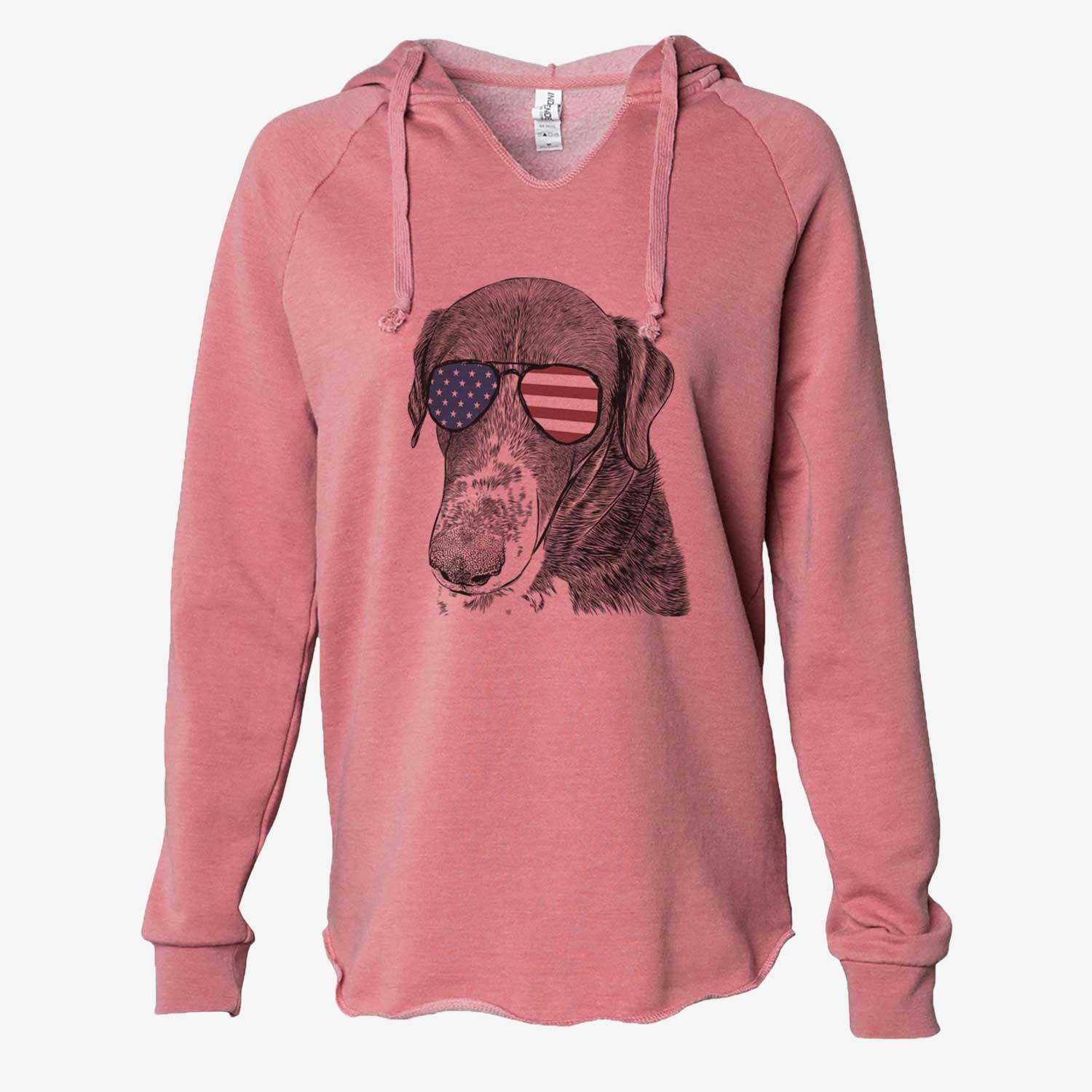 Hand-drawn sketch of Angel Orion the Mixed Breed wearing American flag sunglasses on a Dusty Rose Cali Wave Hooded Sweatshirt