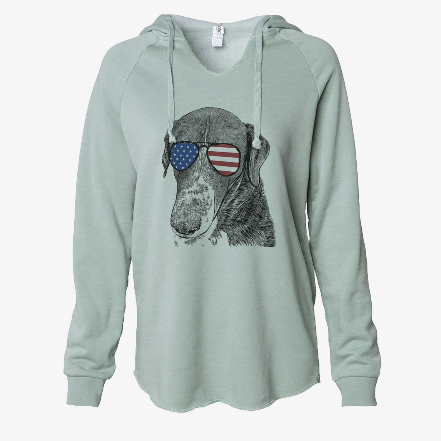Hand-drawn sketch of Angel Orion the Mixed Breed wearing American flag sunglasses on a Sage Cali Wave Hooded Sweatshirt